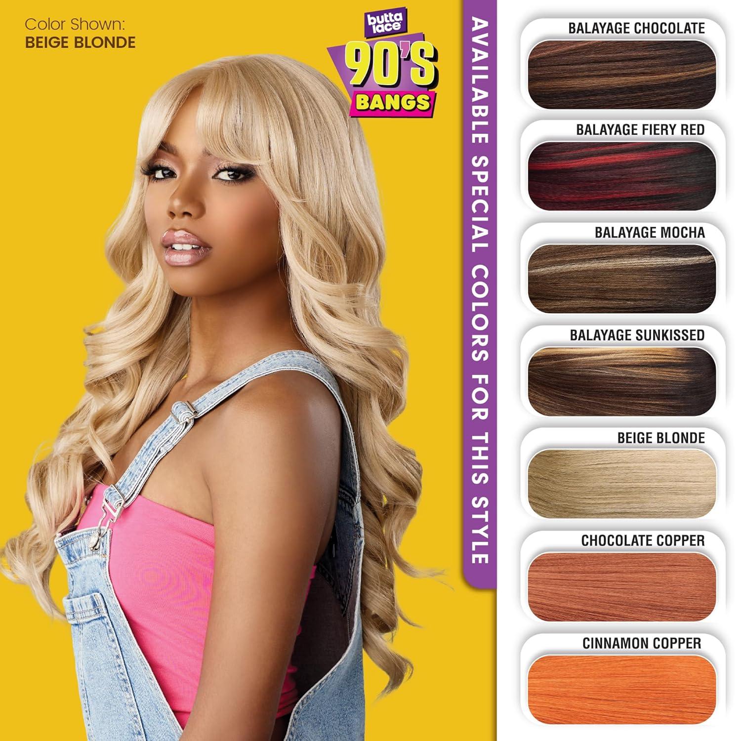 imageSensationnel Butta Lace 90Sbangs Wigs Unit 909 Glueless Wide Deep Part Synthetic Preplucked Hairline BALAYAGEMOCHABALAYAGECHOCOLATE