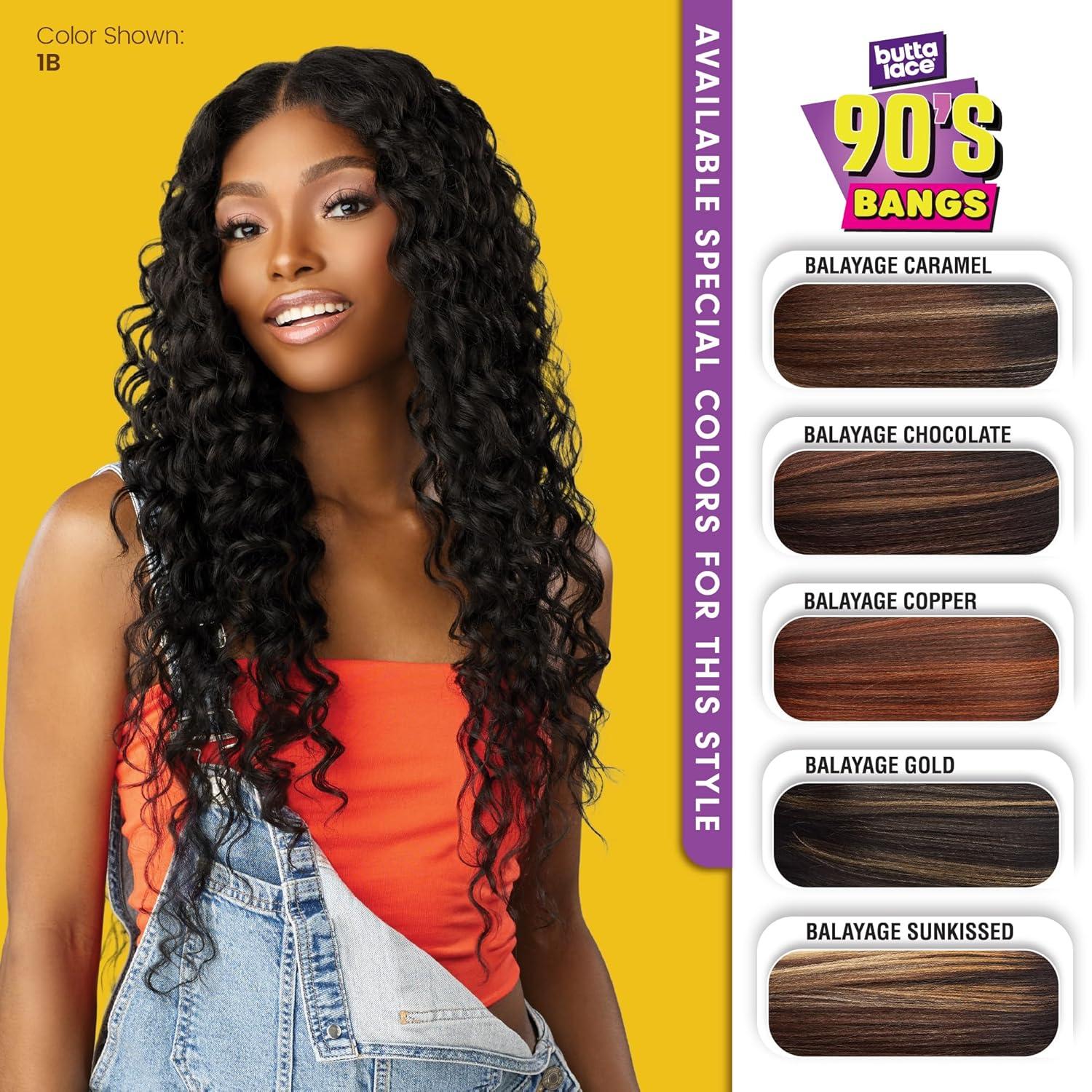 imageSensationnel Butta Lace 90Sbangs Wigs Unit 916 Glueless Wide Deep Center Part Synthetic Preplucked Hairline 1 JETBLACKBALAYAGEGOLD