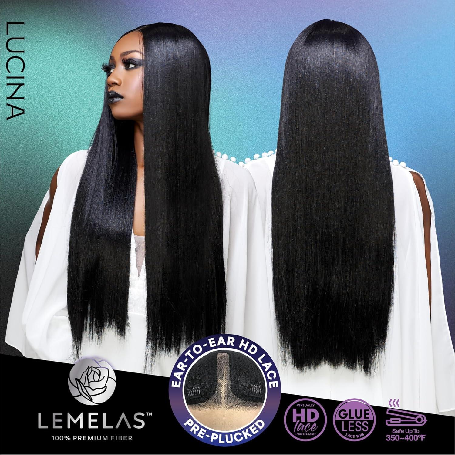 imageSensationnel Lemelas Lace Wig Lucina 5 Inch Deep Parting Glueless Ear to Ear Synthetic with Natural Density Preplucked Hairline ASTRALBLACKMIDNIGHTSAPPHIRE