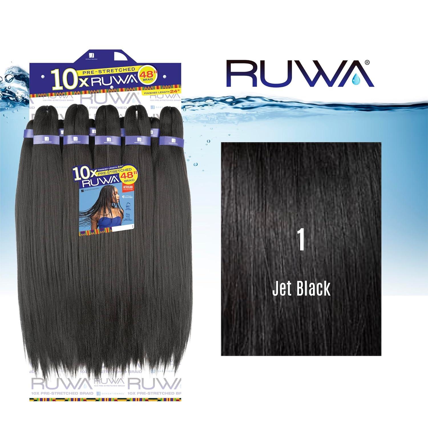 imageSensationnel Ruwa Prestretched Braiding Hair 10x 48 Inch Water Repellent Kanekalon Fast Dry Synthetic Sports Itch Free 1 JETBLACK1 JETBLACK