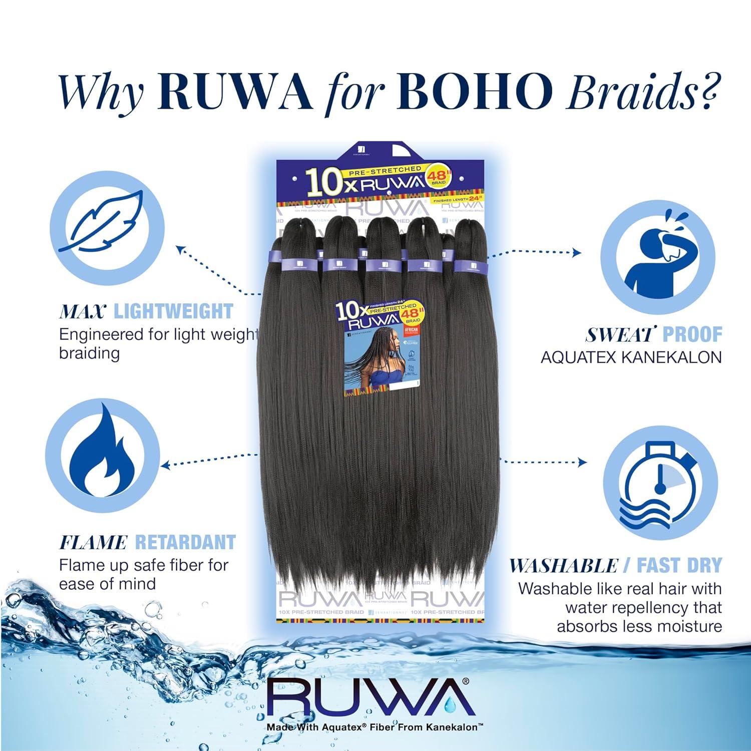 imageSensationnel Ruwa Prestretched Braiding Hair 10x 48 Inch Water Repellent Kanekalon Fast Dry Synthetic Sports Itch Free 1 JETBLACK1B OFFBLACK
