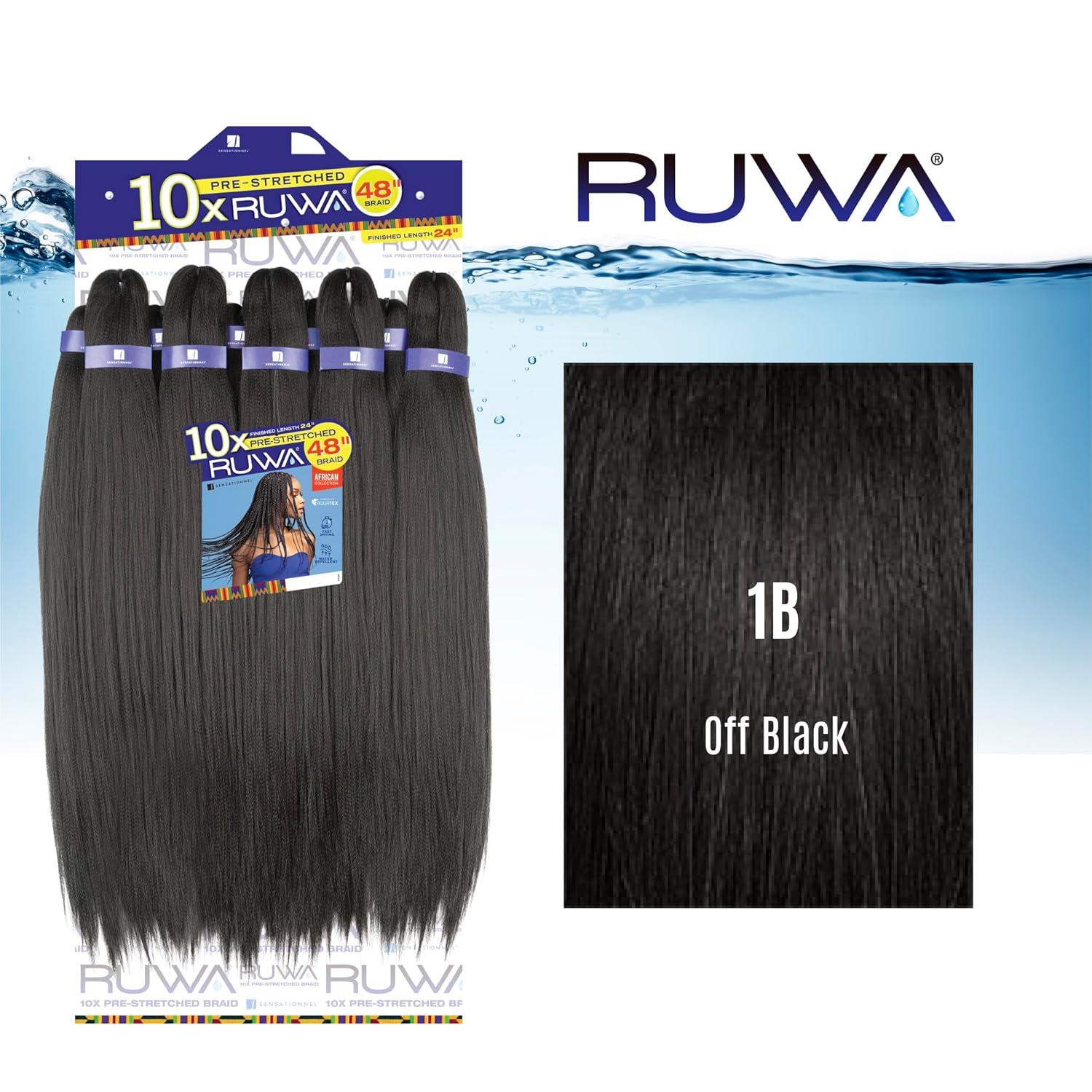 imageSensationnel Ruwa Prestretched Braiding Hair 10x 48 Inch Water Repellent Kanekalon Fast Dry Synthetic Sports Itch Free 1 JETBLACK1B OFFBLACK