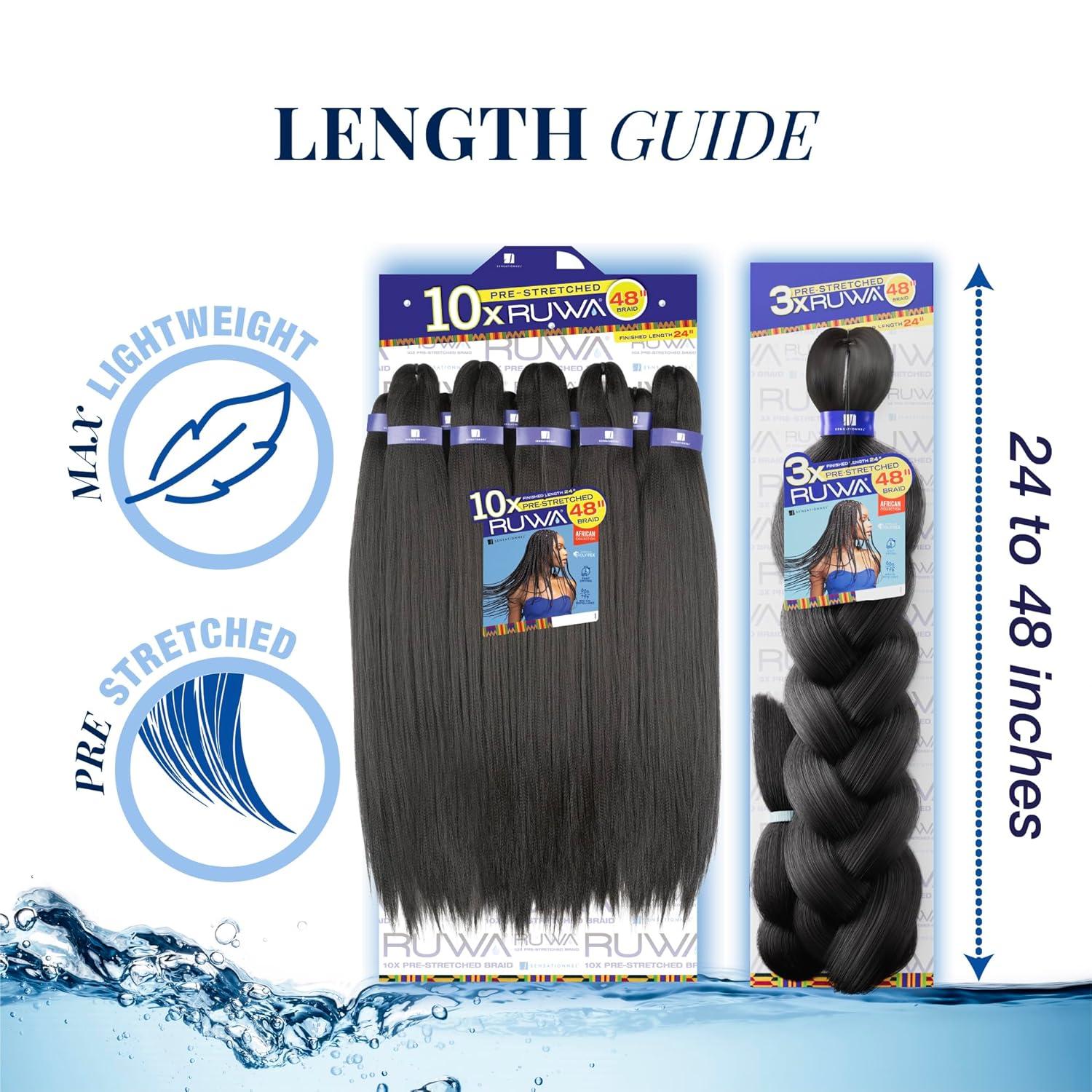 imageSensationnel Ruwa Prestretched Braiding Hair 10x 48 Inch Water Repellent Kanekalon Fast Dry Synthetic Sports Itch Free 1 JETBLACK1B OFFBLACK