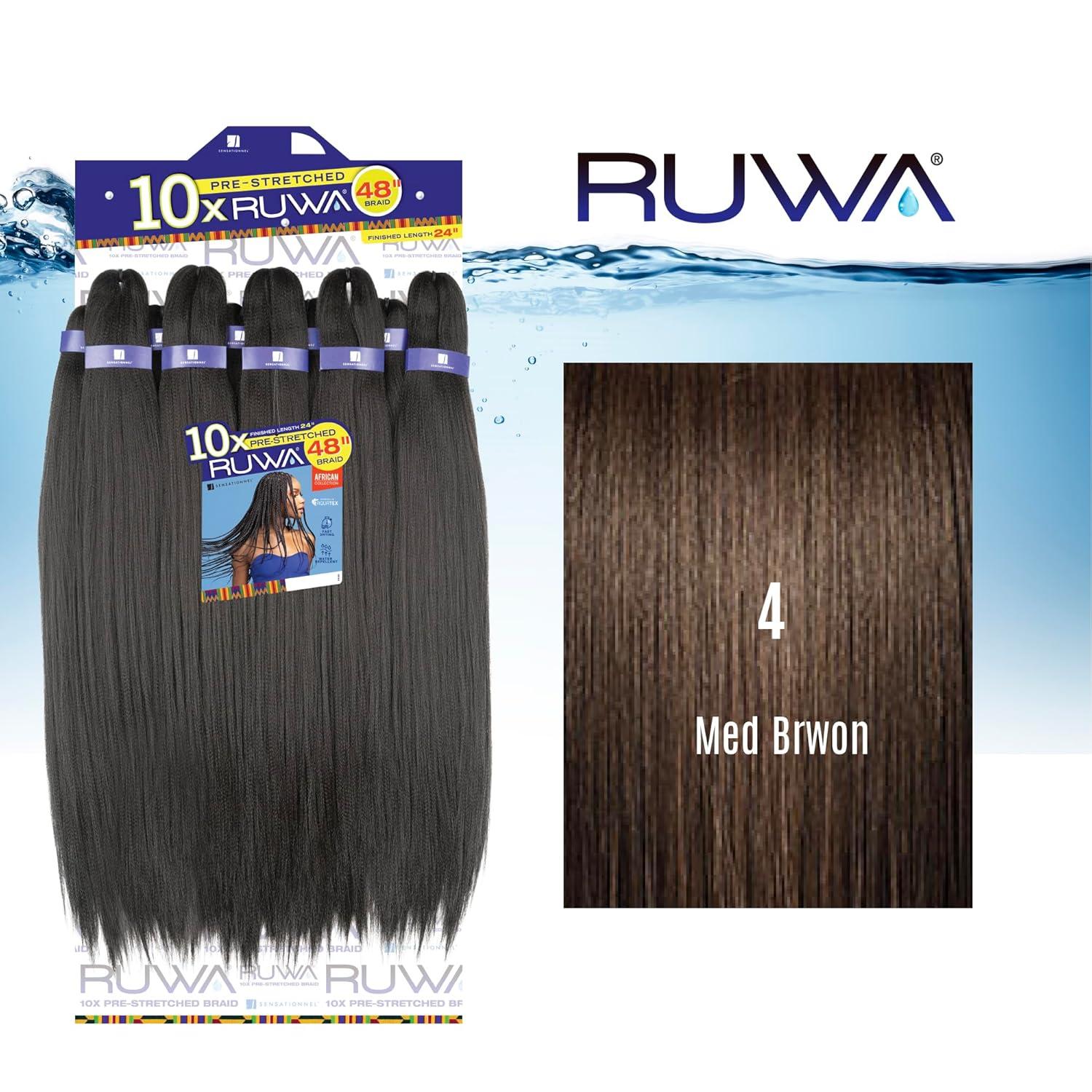 imageSensationnel Ruwa Prestretched Braiding Hair 10x 48 Inch Water Repellent Kanekalon Fast Dry Synthetic Sports Itch Free 1 JETBLACK4 MEDBROWN