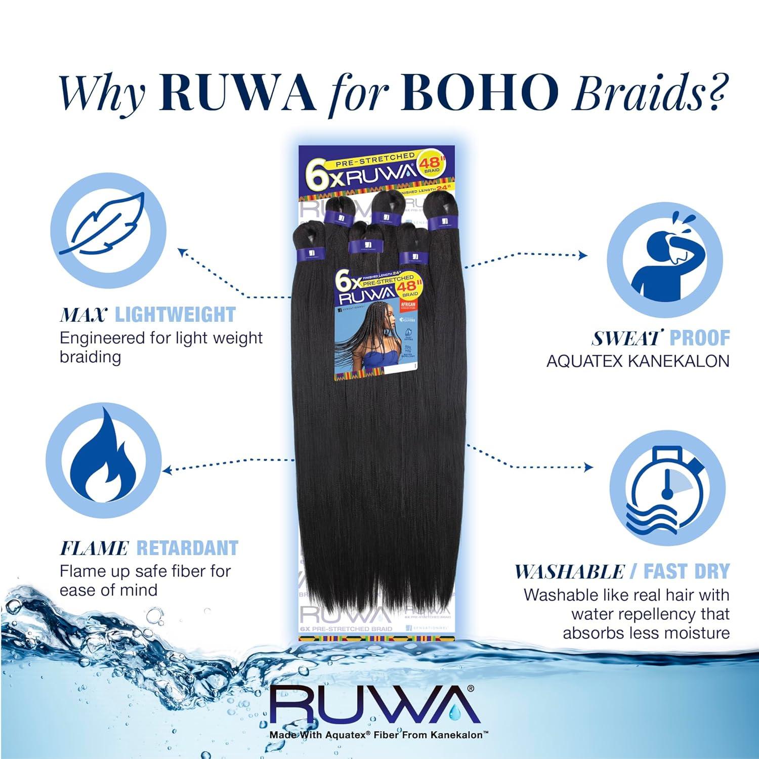imageSensationnel Ruwa Prestretched Braiding Hair 6x 48 Inch Water Repellent Kanekalon Fast Dry Synthetic Sports Itch Free 1 JETBLACK1 JETBLACK