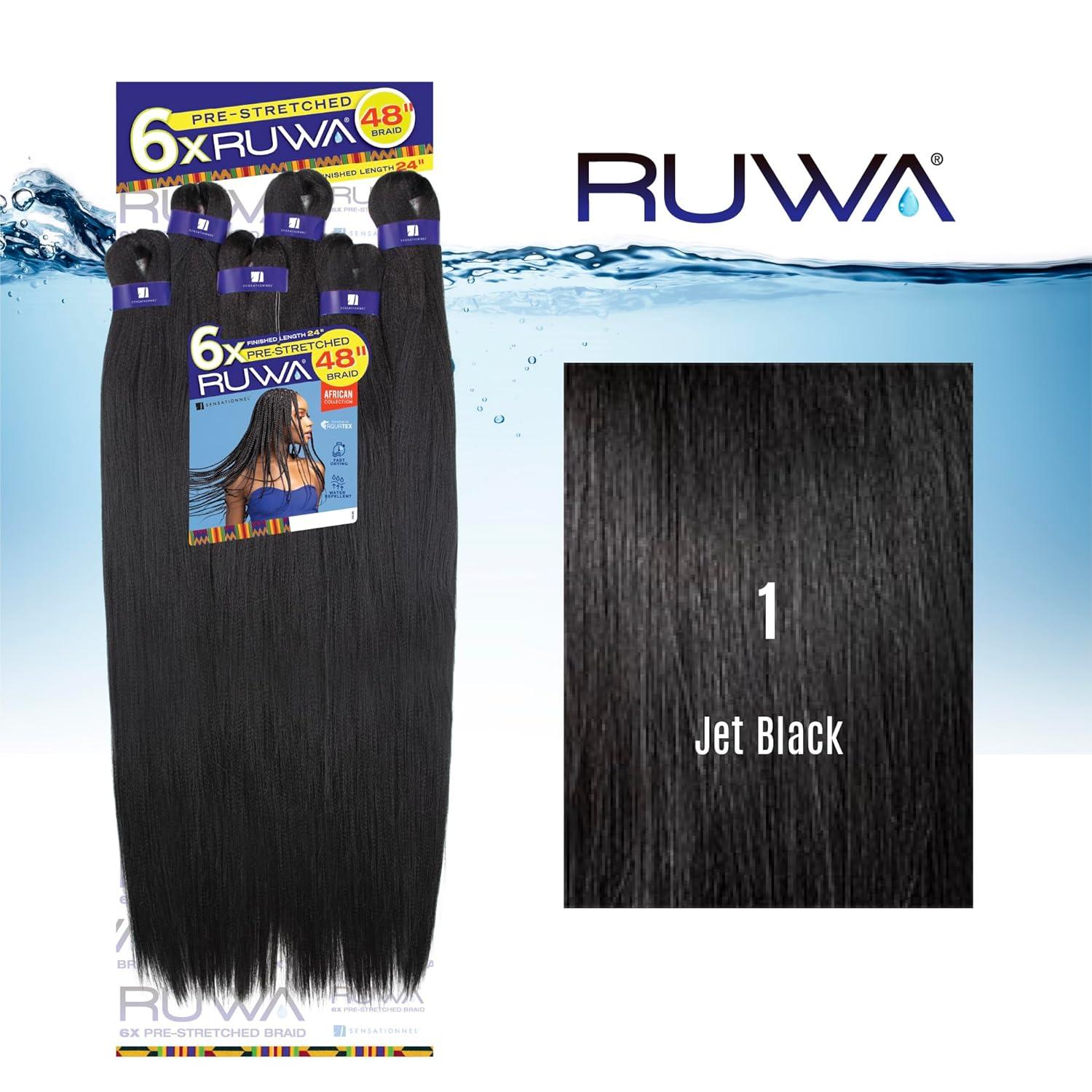 imageSensationnel Ruwa Prestretched Braiding Hair 6x 48 Inch Water Repellent Kanekalon Fast Dry Synthetic Sports Itch Free 1 JETBLACK1 JETBLACK