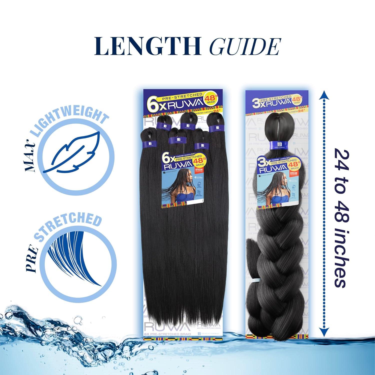 imageSensationnel Ruwa Prestretched Braiding Hair 6x 48 Inch Water Repellent Kanekalon Fast Dry Synthetic Sports Itch Free 1 JETBLACK1 JETBLACK