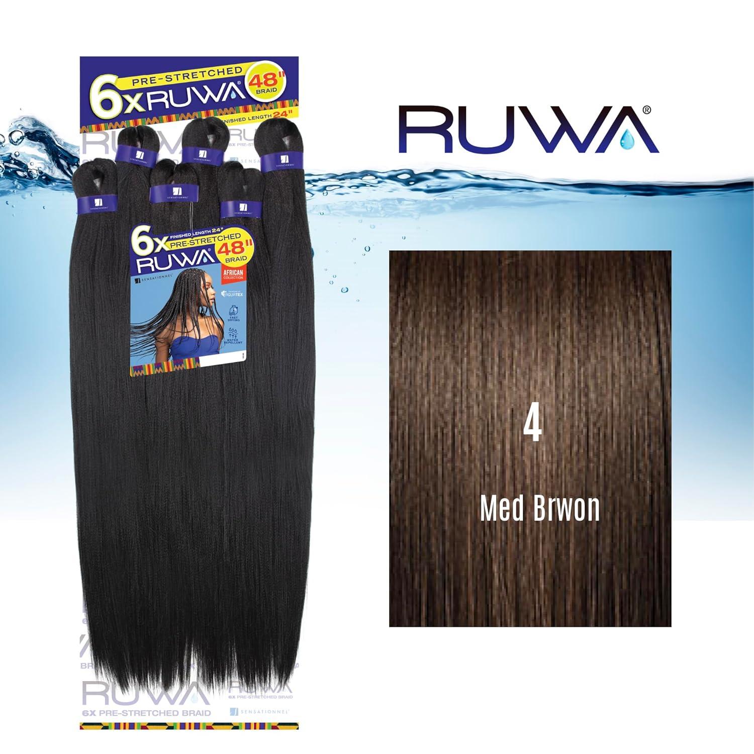 imageSensationnel Ruwa Prestretched Braiding Hair 6x 48 Inch Water Repellent Kanekalon Fast Dry Synthetic Sports Itch Free 1 JETBLACK4 MEDBROWN