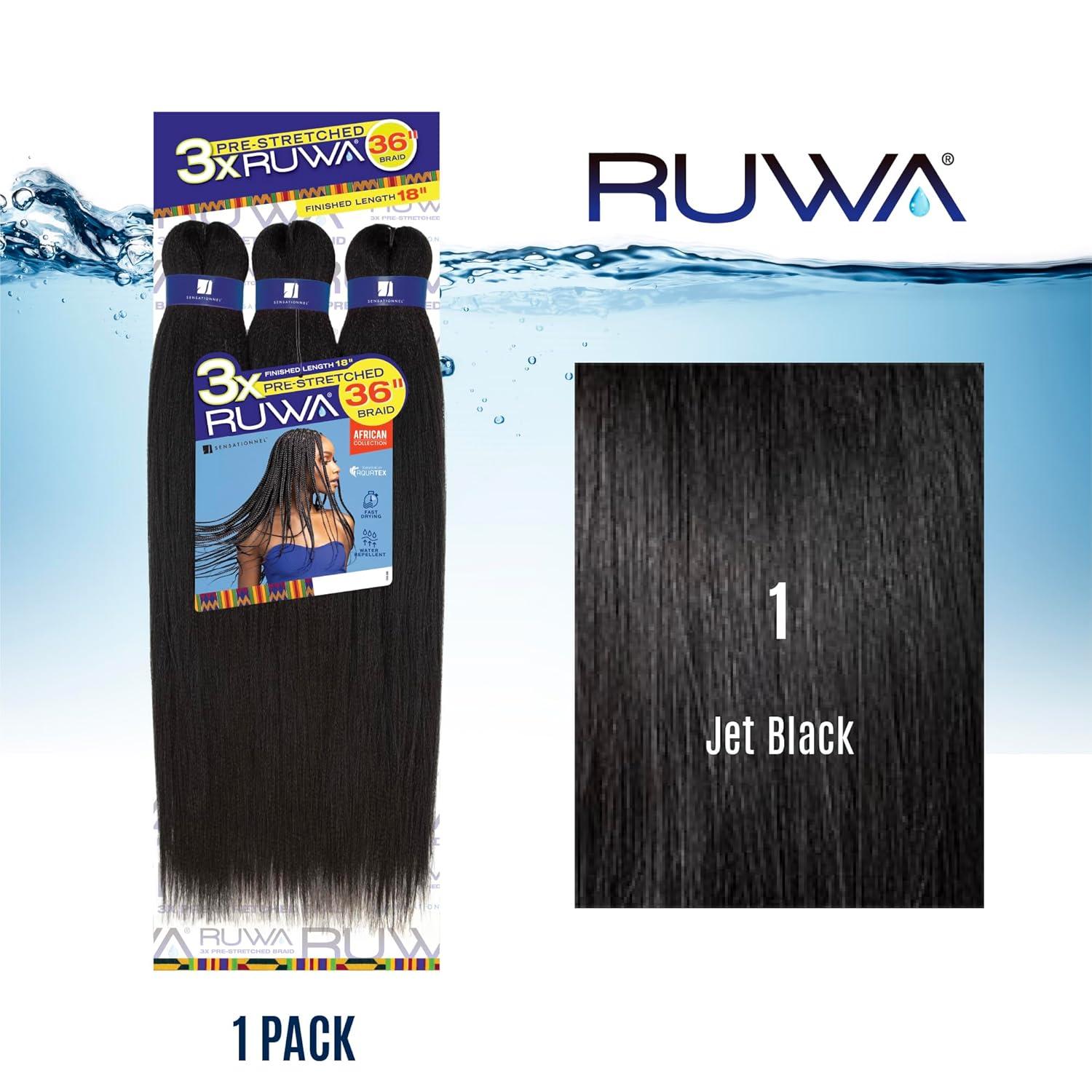 imageSensationnel Ruwa prestretched braiding hair 3x 36 inch water repellent kanekalon fast dry synthetic sports itch free 1 pack 1 JETBLACK1 JETBLACK
