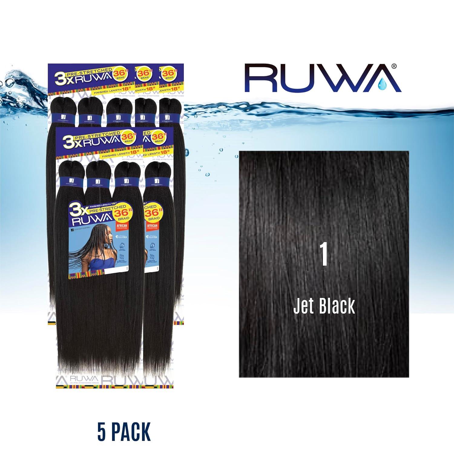 imageSensationnel Ruwa prestretched braiding hair 3x 36 inch water repellent kanekalon fast dry synthetic sports itch free 1 pack 1 JETBLACK1 JETBLACK