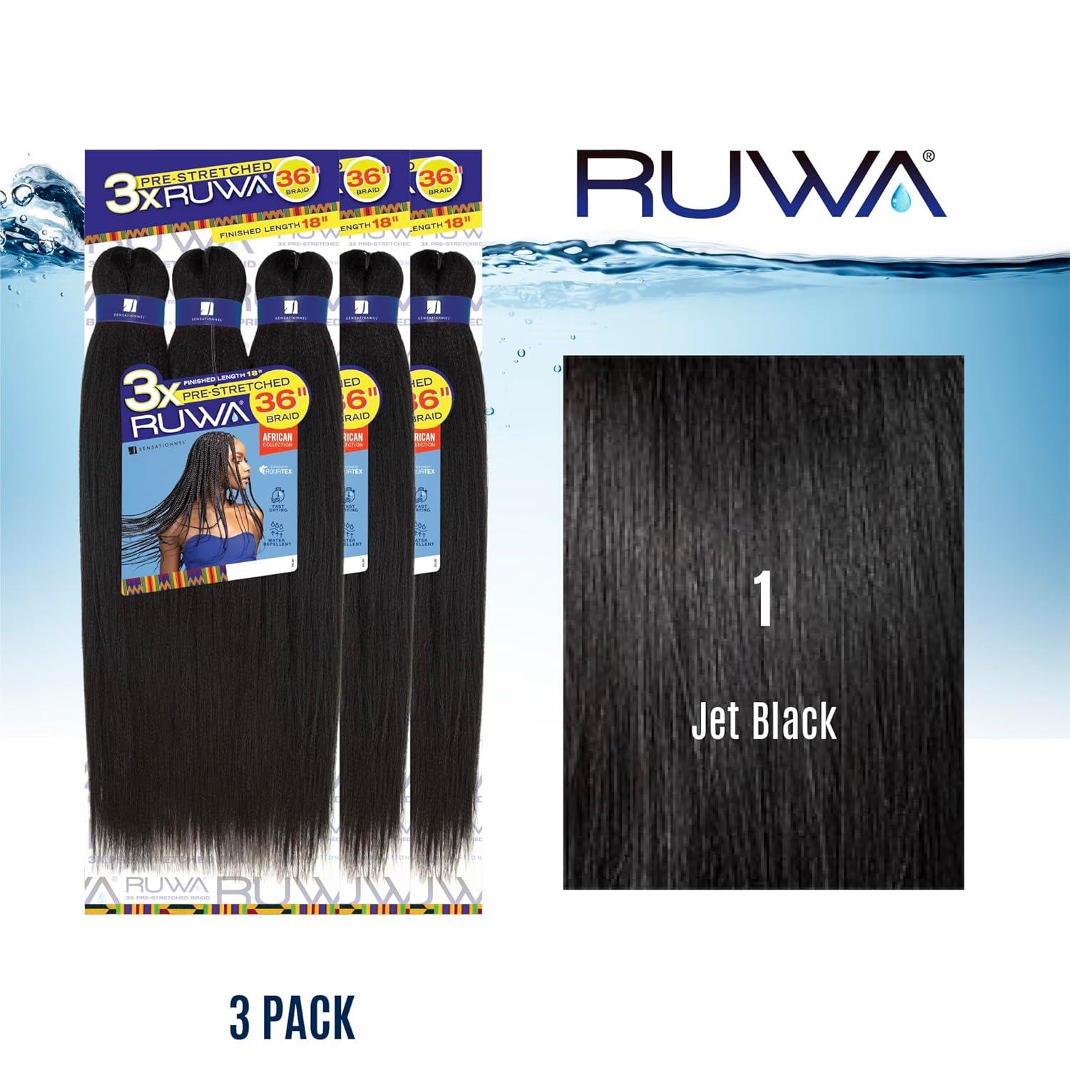 imageSensationnel Ruwa prestretched braiding hair 3x 36 inch water repellent kanekalon fast dry synthetic sports itch free 1 pack 1 JETBLACK1 JETBLACK