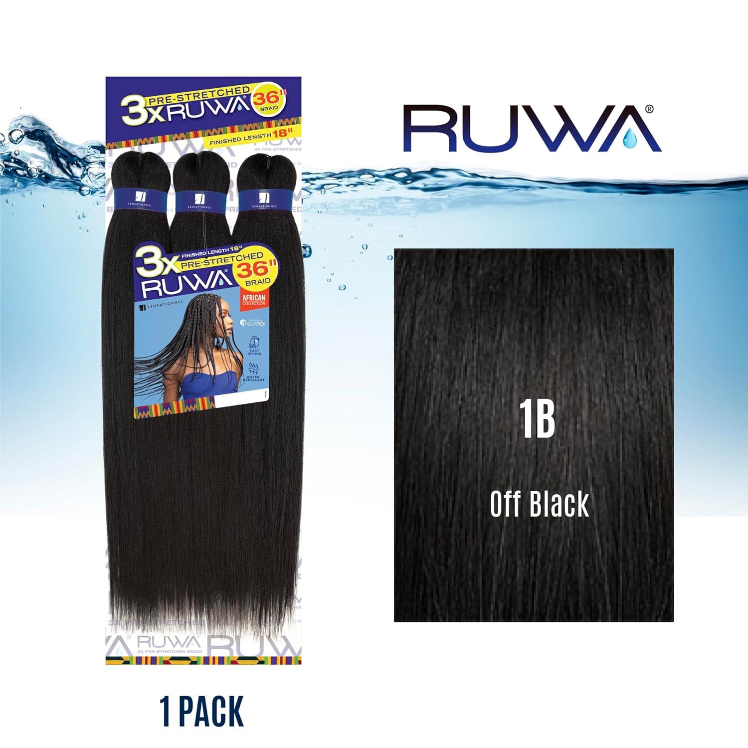 imageSensationnel Ruwa prestretched braiding hair 3x 36 inch water repellent kanekalon fast dry synthetic sports itch free 1 pack 1 JETBLACK1B