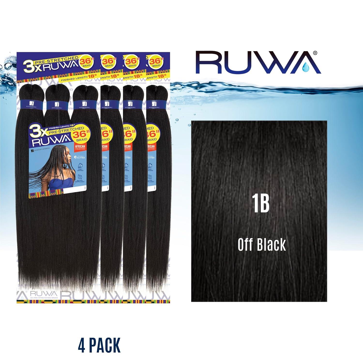 imageSensationnel Ruwa prestretched braiding hair 3x 36 inch water repellent kanekalon fast dry synthetic sports itch free 1 pack 1 JETBLACK1B OFFBLACK