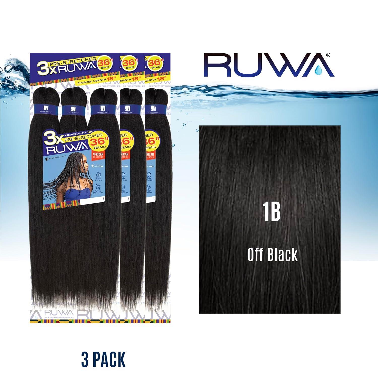 imageSensationnel Ruwa prestretched braiding hair 3x 36 inch water repellent kanekalon fast dry synthetic sports itch free 1 pack 1 JETBLACK1B OFFBLACK