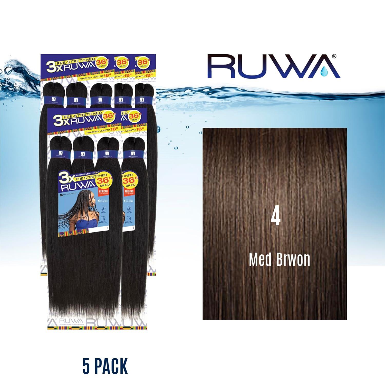 imageSensationnel Ruwa prestretched braiding hair 3x 36 inch water repellent kanekalon fast dry synthetic sports itch free 1 pack 1 JETBLACK4 MEDBROWN