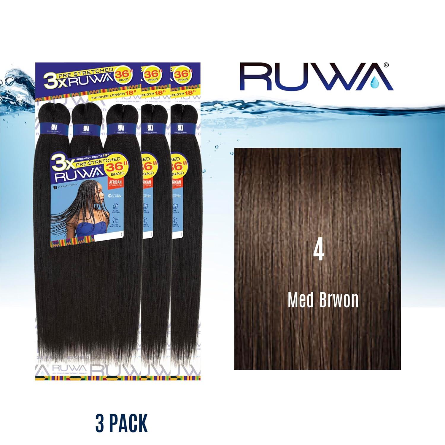 imageSensationnel Ruwa prestretched braiding hair 3x 36 inch water repellent kanekalon fast dry synthetic sports itch free 1 pack 1 JETBLACK4 MEDBROWN