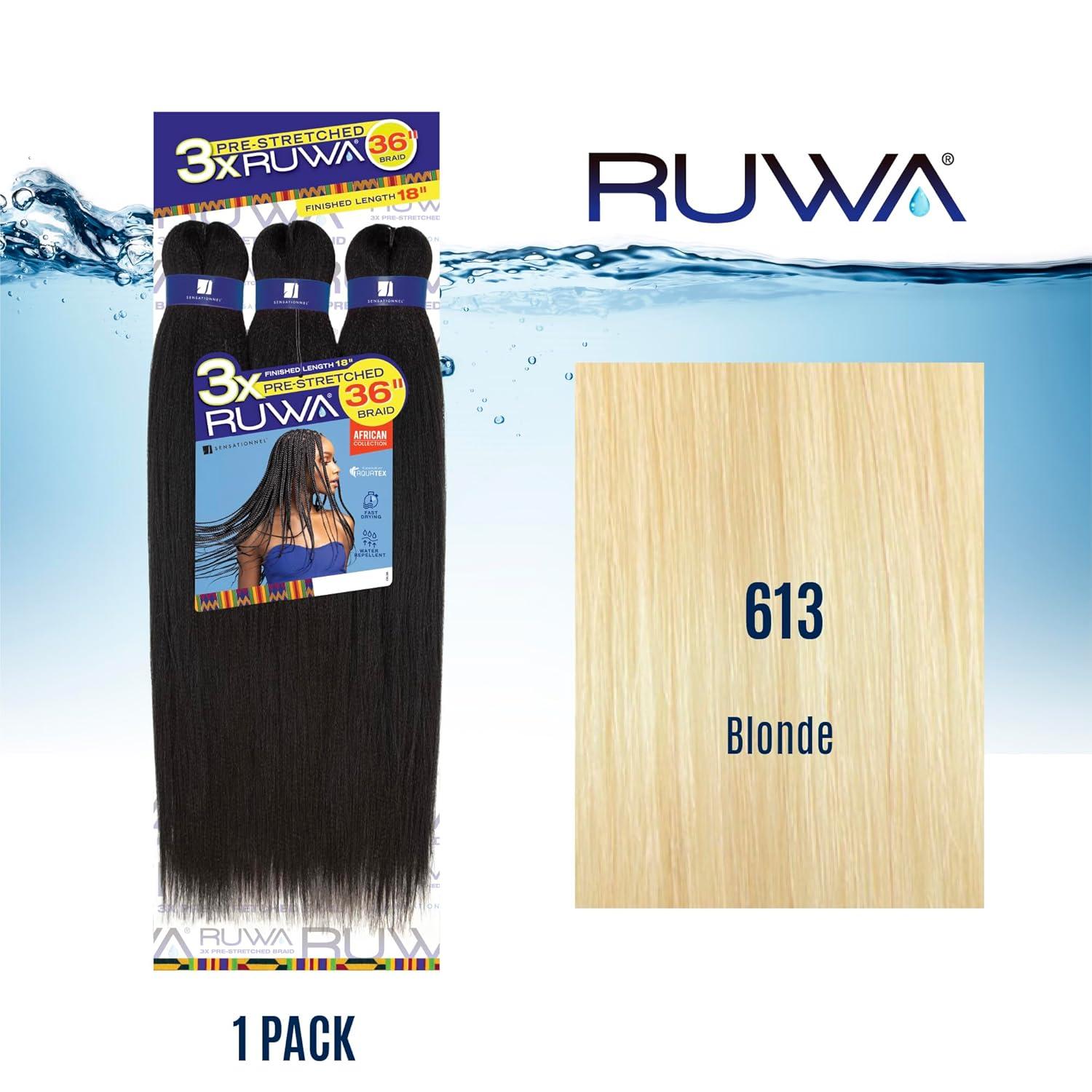 imageSensationnel Ruwa prestretched braiding hair 3x 36 inch water repellent kanekalon fast dry synthetic sports itch free 1 pack 1 JETBLACK613 BLONDE