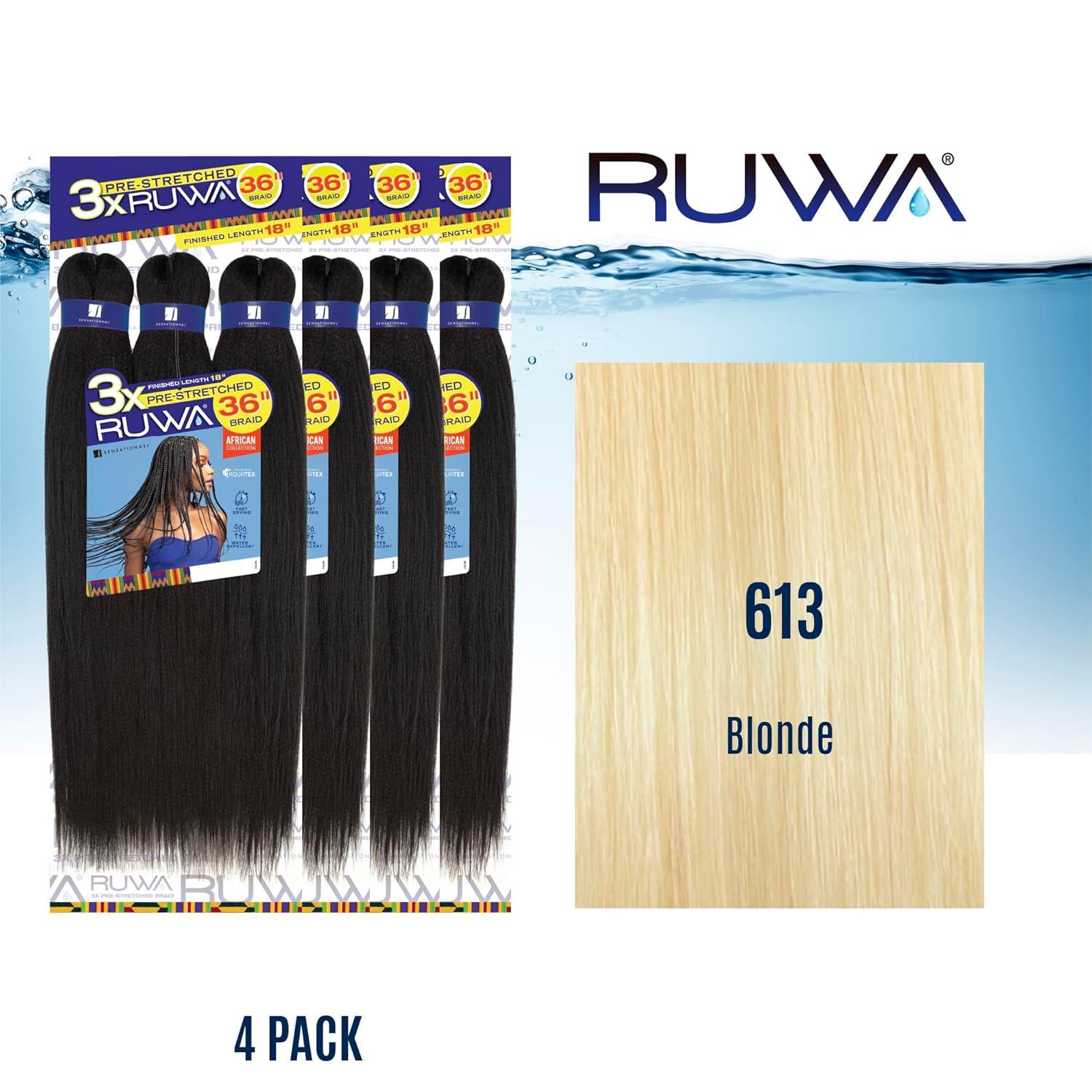imageSensationnel Ruwa prestretched braiding hair 3x 36 inch water repellent kanekalon fast dry synthetic sports itch free 1 pack 1 JETBLACK613 BLONDE