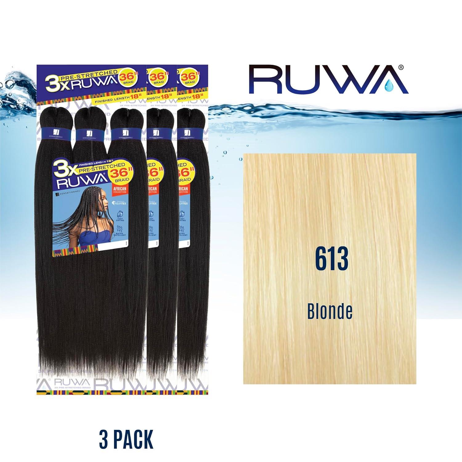 imageSensationnel Ruwa prestretched braiding hair 3x 36 inch water repellent kanekalon fast dry synthetic sports itch free 1 pack 1 JETBLACK613 BLONDE