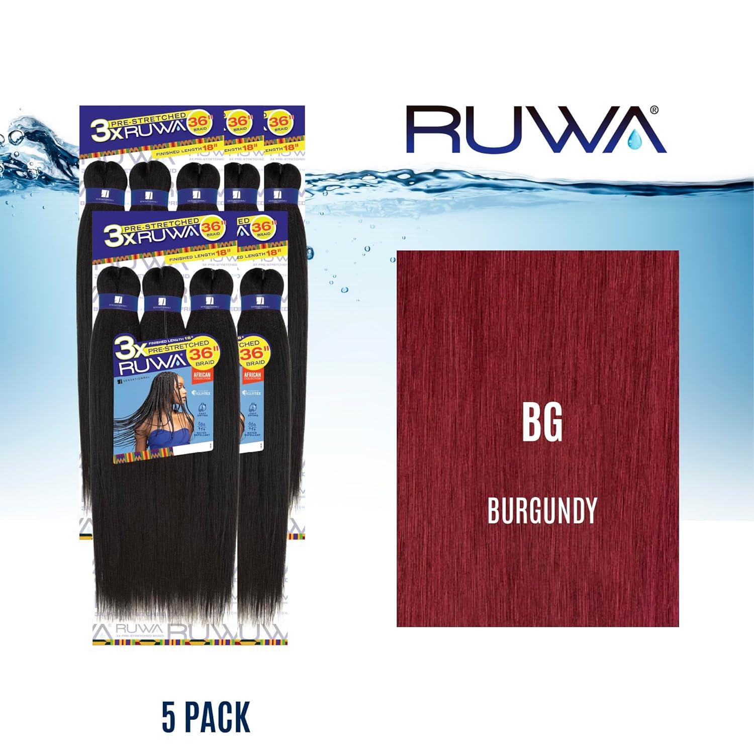 imageSensationnel Ruwa prestretched braiding hair 3x 36 inch water repellent kanekalon fast dry synthetic sports itch free 1 pack 1 JETBLACKBG BURGANDY