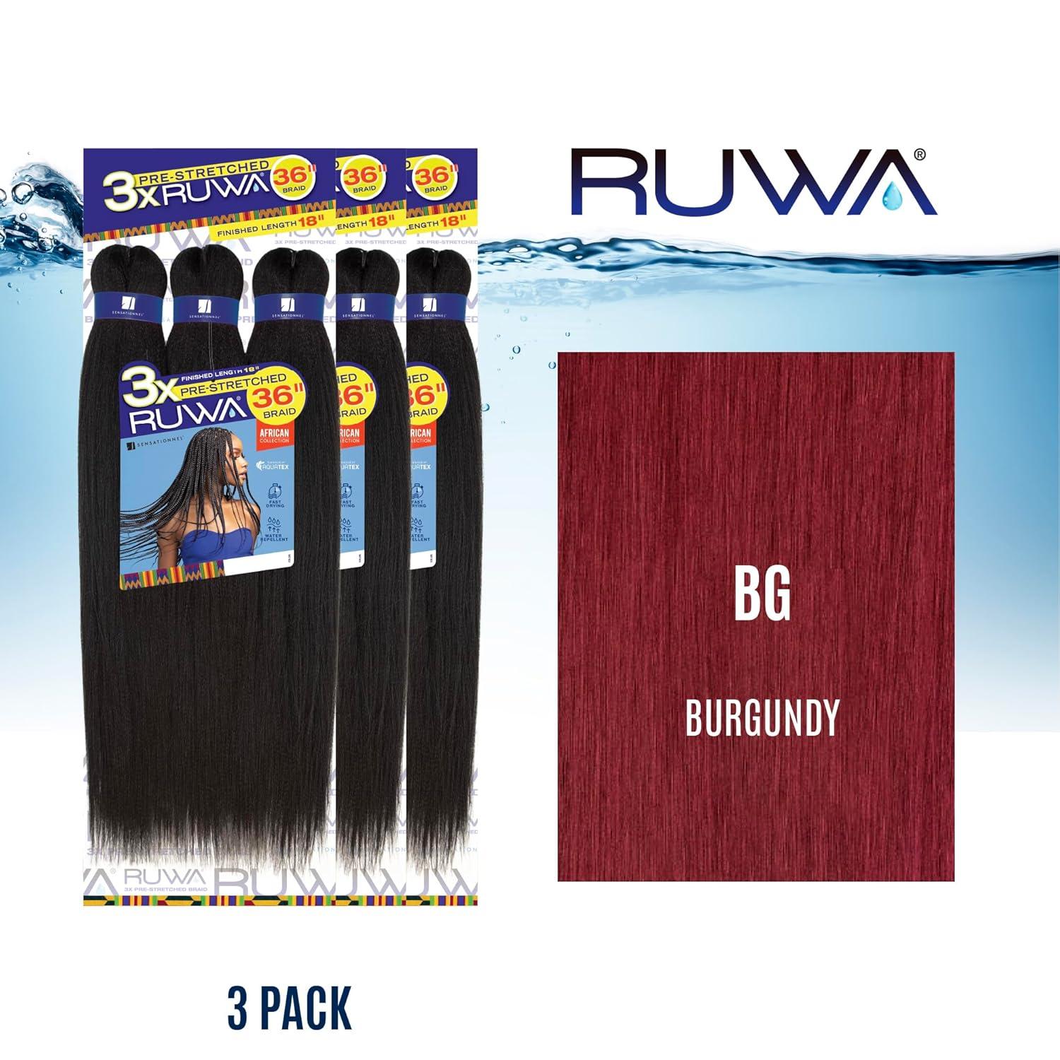 imageSensationnel Ruwa prestretched braiding hair 3x 36 inch water repellent kanekalon fast dry synthetic sports itch free 1 pack 1 JETBLACKBG BURGANDY