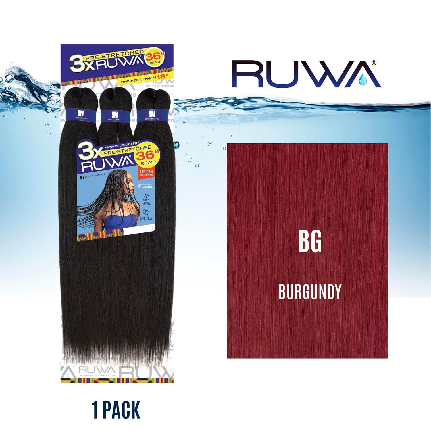 imageSensationnel Ruwa prestretched braiding hair 3x 36 inch water repellent kanekalon fast dry synthetic sports itch free 1 pack 1 JETBLACKBG BURGANDY