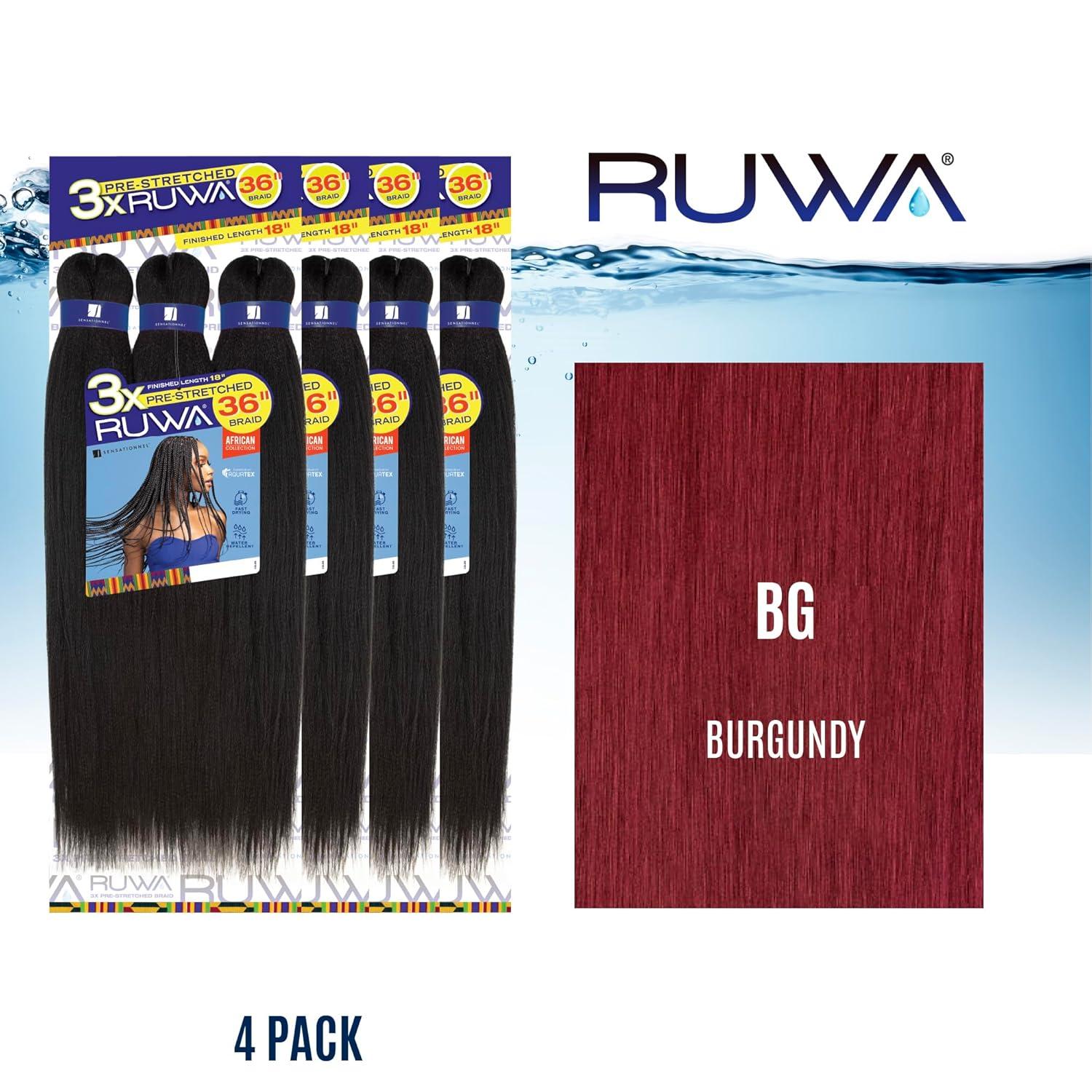 imageSensationnel Ruwa prestretched braiding hair 3x 36 inch water repellent kanekalon fast dry synthetic sports itch free 1 pack 1 JETBLACKBG BURGANDY