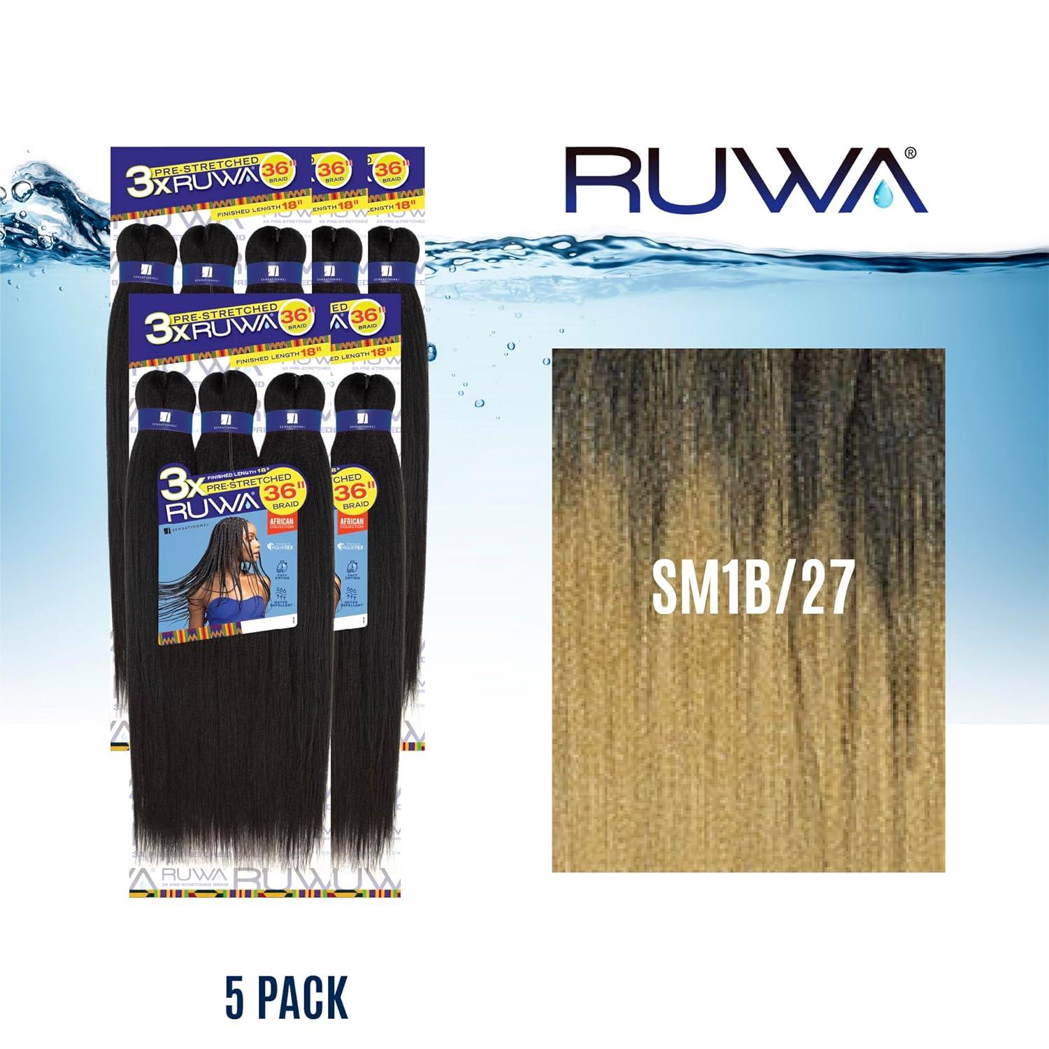 imageSensationnel Ruwa prestretched braiding hair 3x 36 inch water repellent kanekalon fast dry synthetic sports itch free 1 pack 1 JETBLACKSM1B27