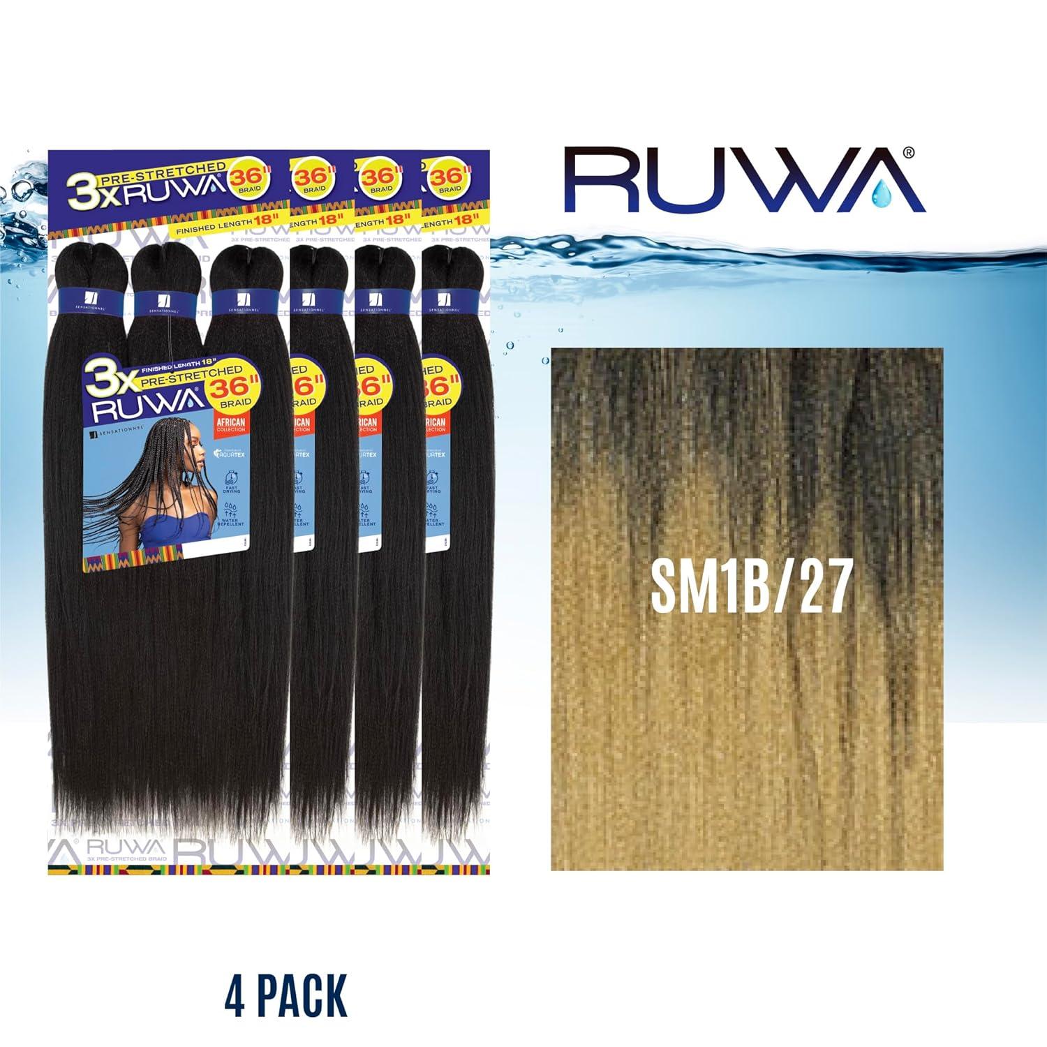imageSensationnel Ruwa prestretched braiding hair 3x 36 inch water repellent kanekalon fast dry synthetic sports itch free 1 pack 1 JETBLACKSM1B27