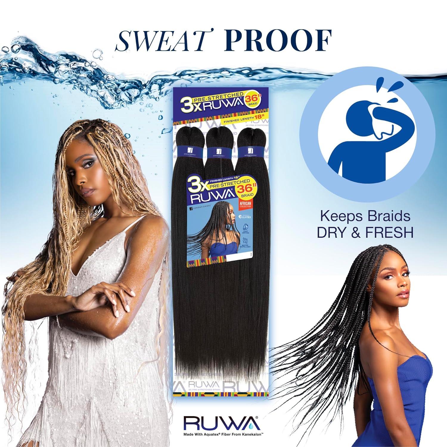imageSensationnel Ruwa prestretched braiding hair 3x 36 inch water repellent kanekalon fast dry synthetic sports itch free 1 pack 1 JETBLACKSM1B30