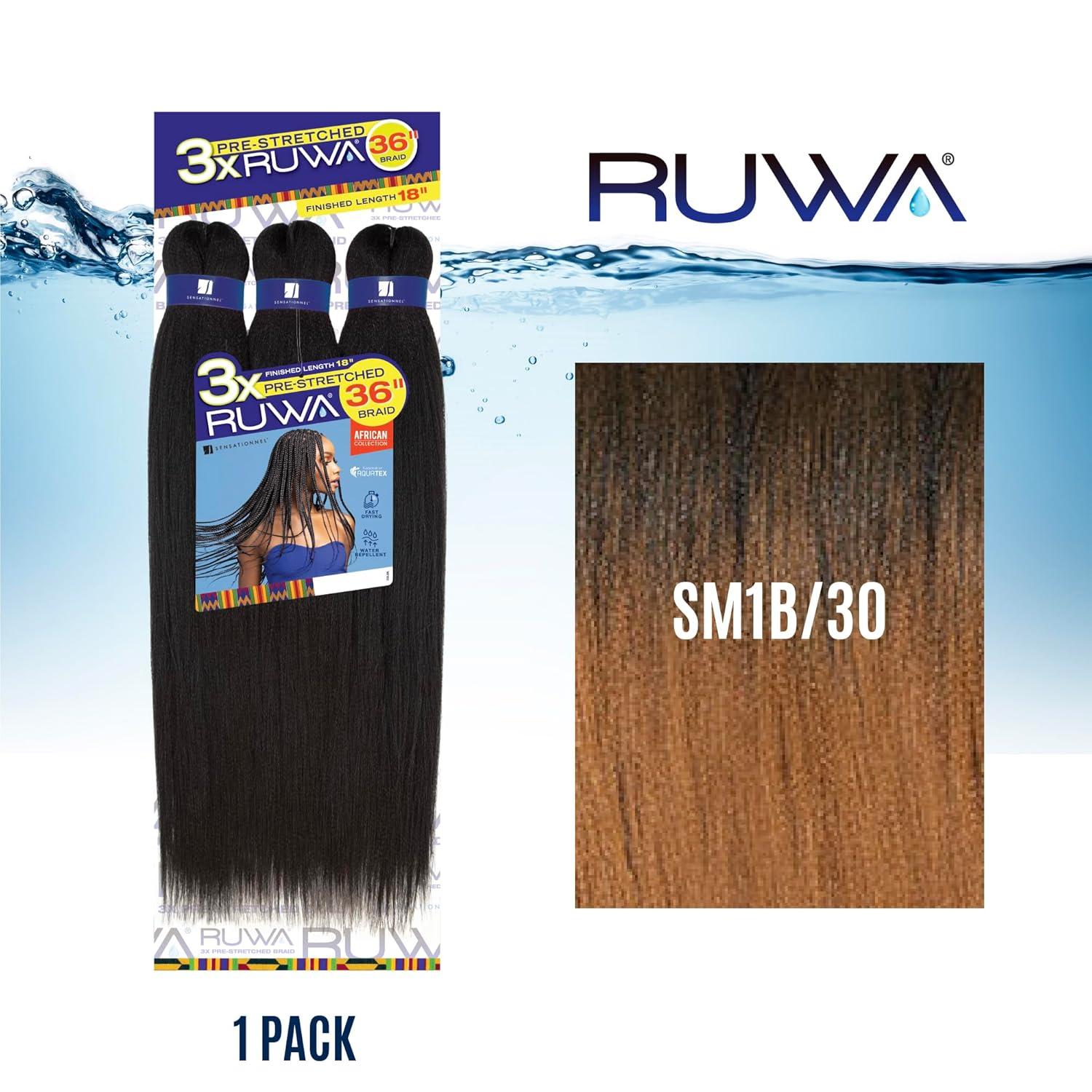 imageSensationnel Ruwa prestretched braiding hair 3x 36 inch water repellent kanekalon fast dry synthetic sports itch free 1 pack 1 JETBLACKSM1B30
