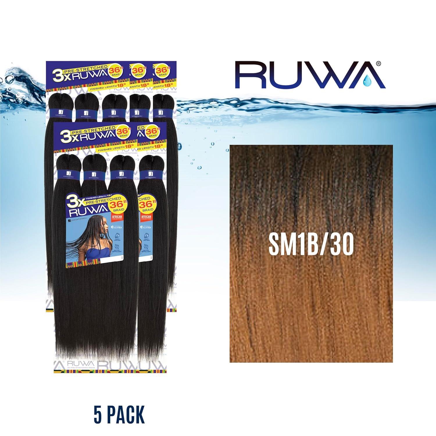 imageSensationnel Ruwa prestretched braiding hair 3x 36 inch water repellent kanekalon fast dry synthetic sports itch free 1 pack 1 JETBLACKSM1B30