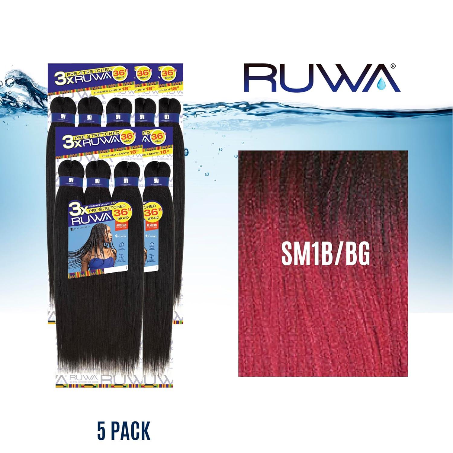 imageSensationnel Ruwa prestretched braiding hair 3x 36 inch water repellent kanekalon fast dry synthetic sports itch free 1 pack 1 JETBLACKSM1BBG
