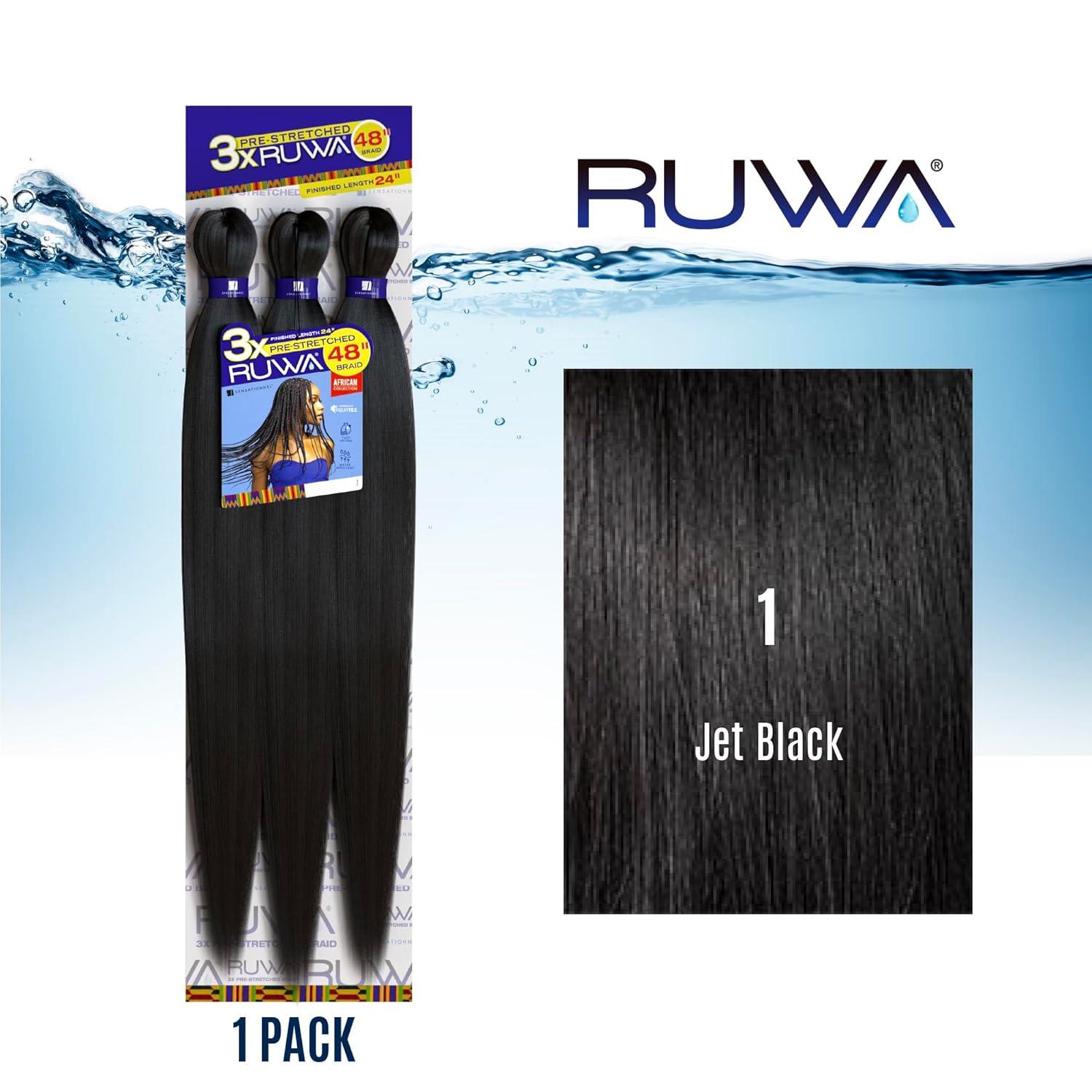 imageSensationnel Ruwa prestretched braiding hair 3x 48 inch water repellent kanekalon fast dry synthetic sports itch free 3 pack 1 JETBLACK1 JETBLACK
