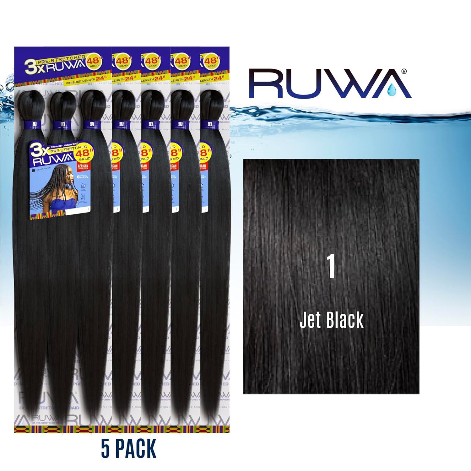 imageSensationnel Ruwa prestretched braiding hair 3x 48 inch water repellent kanekalon fast dry synthetic sports itch free 3 pack 1 JETBLACK1 JETBLACK
