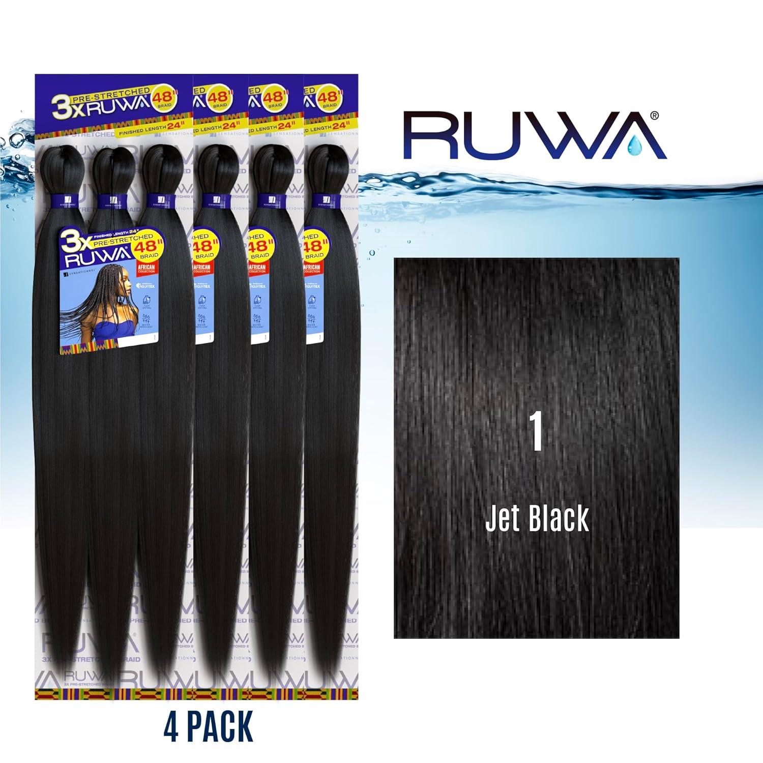 imageSensationnel Ruwa prestretched braiding hair 3x 48 inch water repellent kanekalon fast dry synthetic sports itch free 3 pack 1 JETBLACK1 JETBLACK
