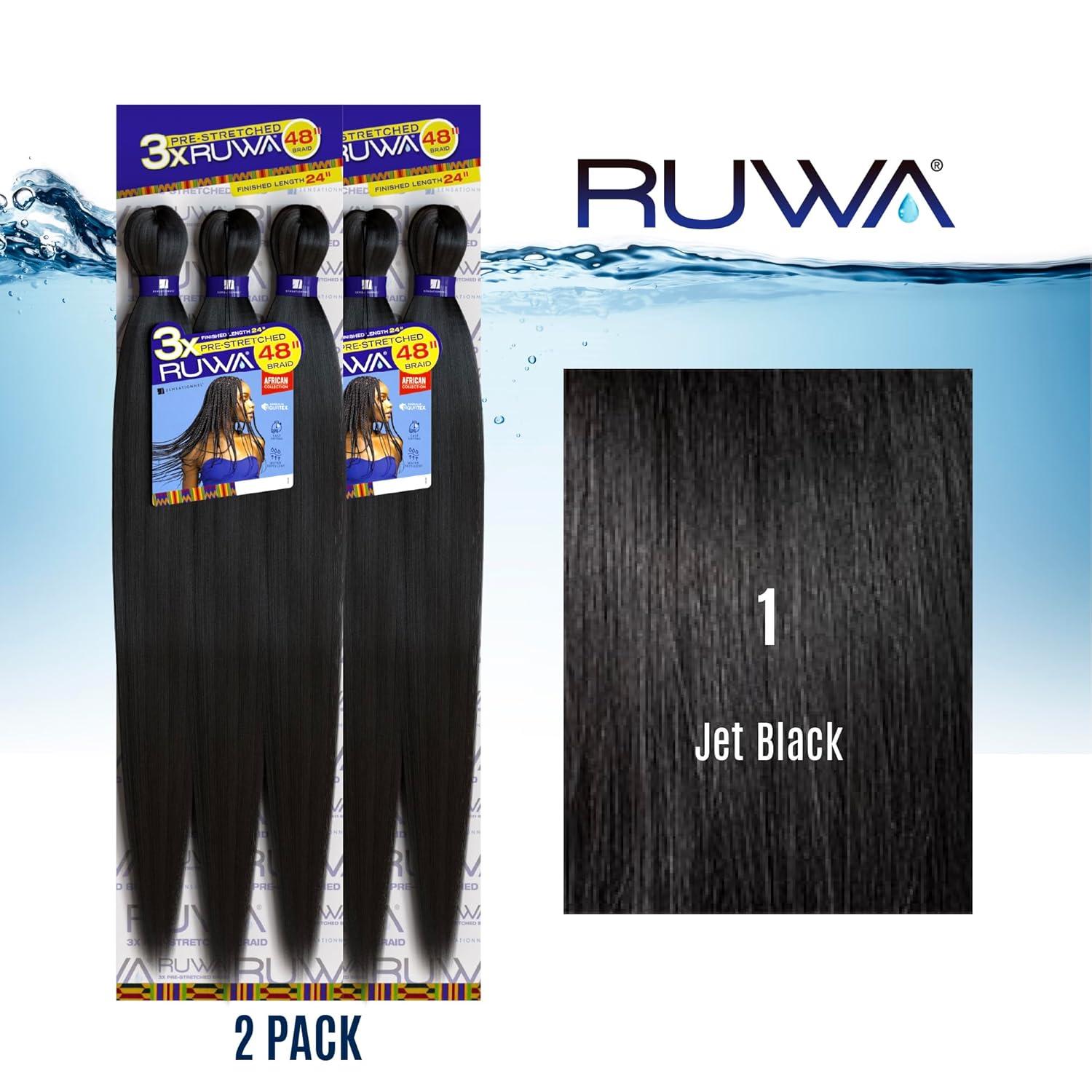 imageSensationnel Ruwa prestretched braiding hair 3x 48 inch water repellent kanekalon fast dry synthetic sports itch free 3 pack 1 JETBLACK1 JETBLACK