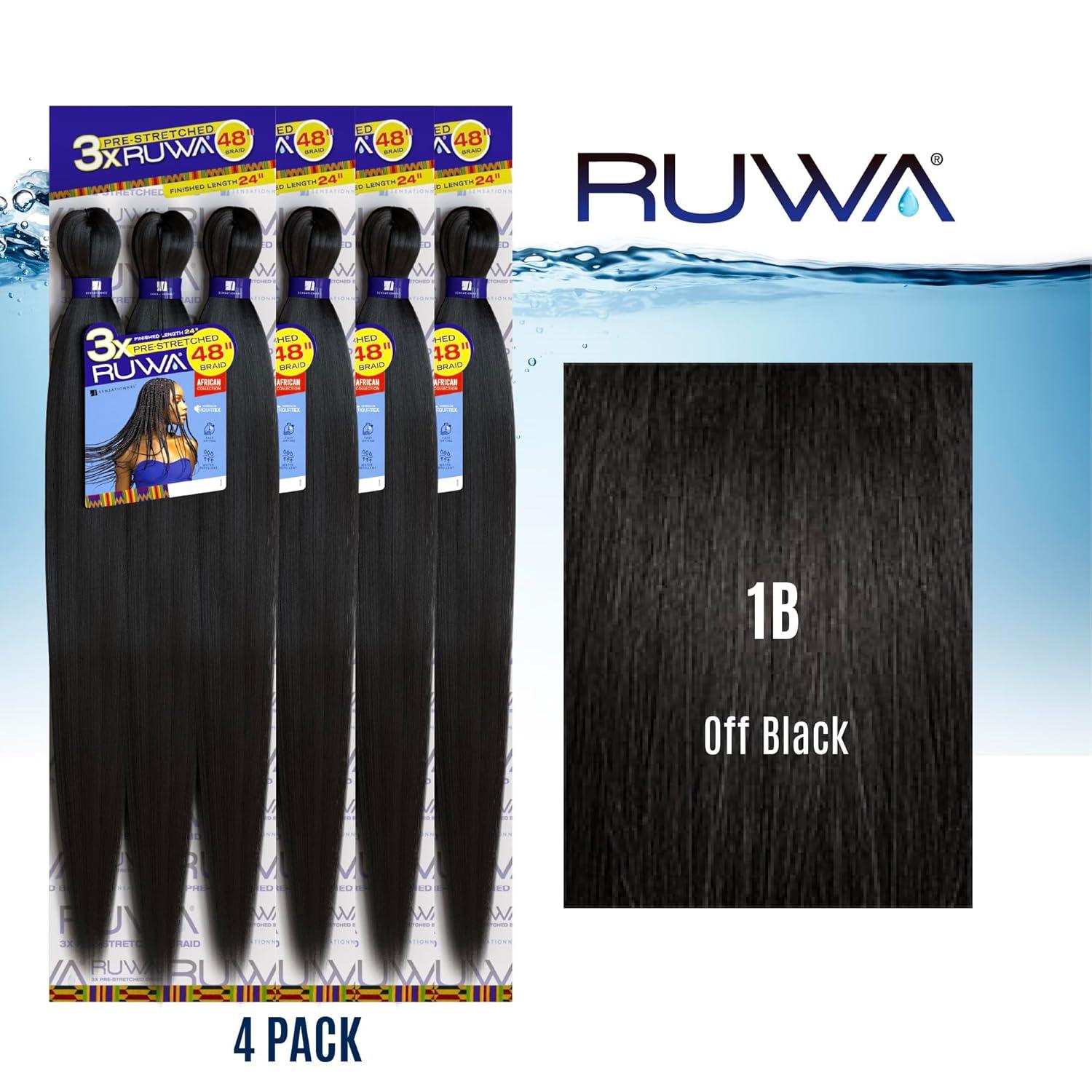 imageSensationnel Ruwa prestretched braiding hair 3x 48 inch water repellent kanekalon fast dry synthetic sports itch free 3 pack 1 JETBLACK1B OFFBLACK