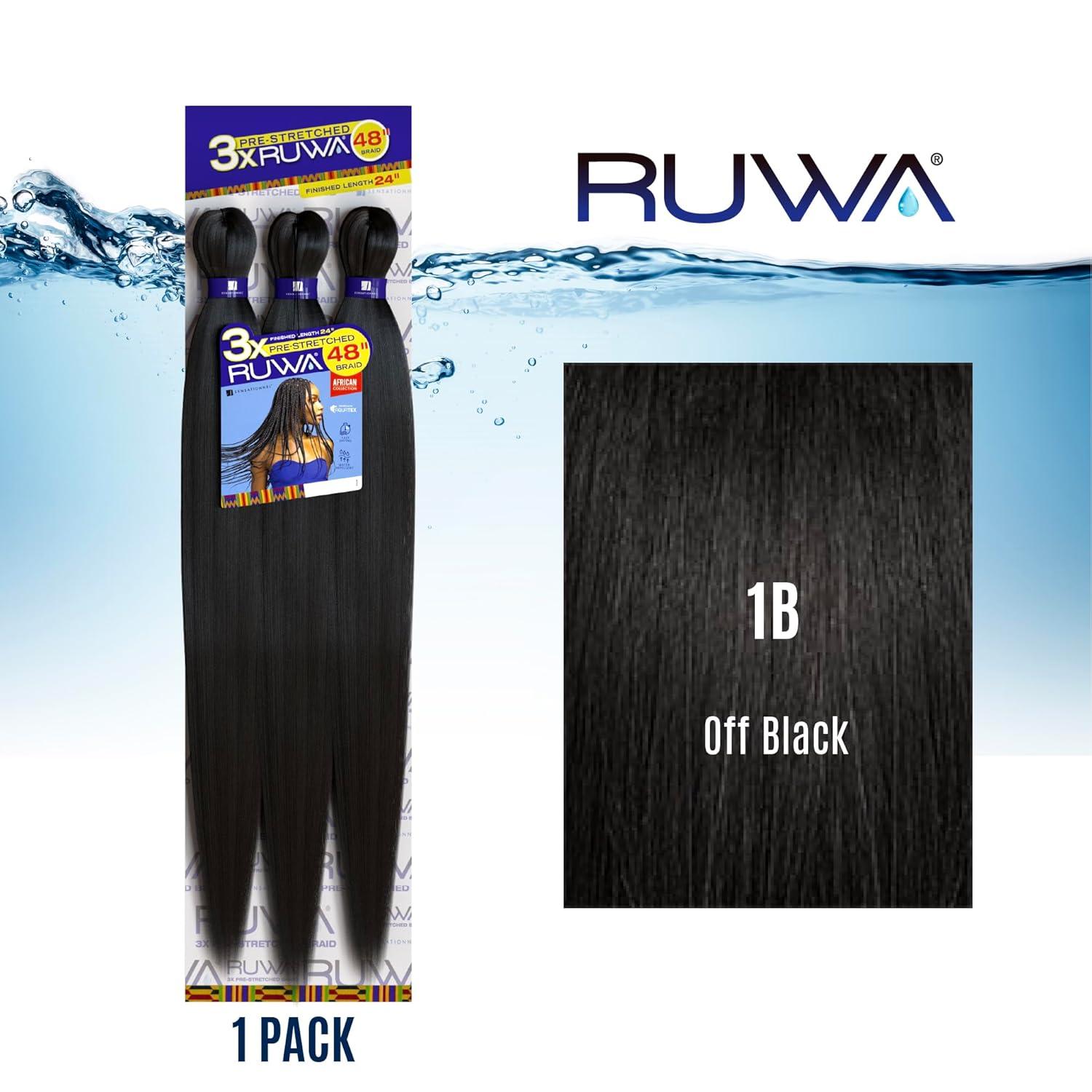 imageSensationnel Ruwa prestretched braiding hair 3x 48 inch water repellent kanekalon fast dry synthetic sports itch free 3 pack 1 JETBLACK1B OFFBLACK