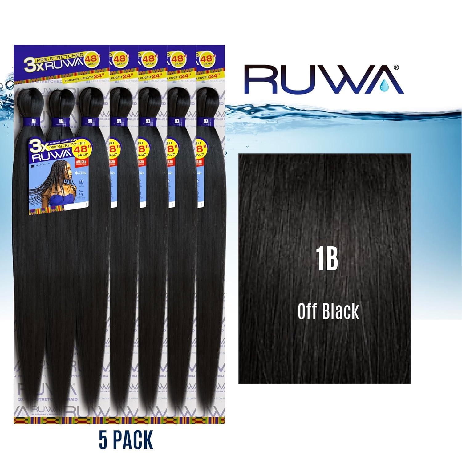 imageSensationnel Ruwa prestretched braiding hair 3x 48 inch water repellent kanekalon fast dry synthetic sports itch free 3 pack 1 JETBLACK1B OFFBLACK