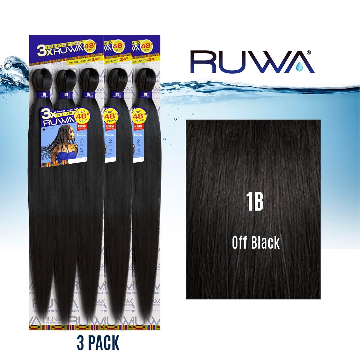 imageSensationnel Ruwa prestretched braiding hair 3x 48 inch water repellent kanekalon fast dry synthetic sports itch free 3 pack 1 JETBLACK1B OFFBLACK