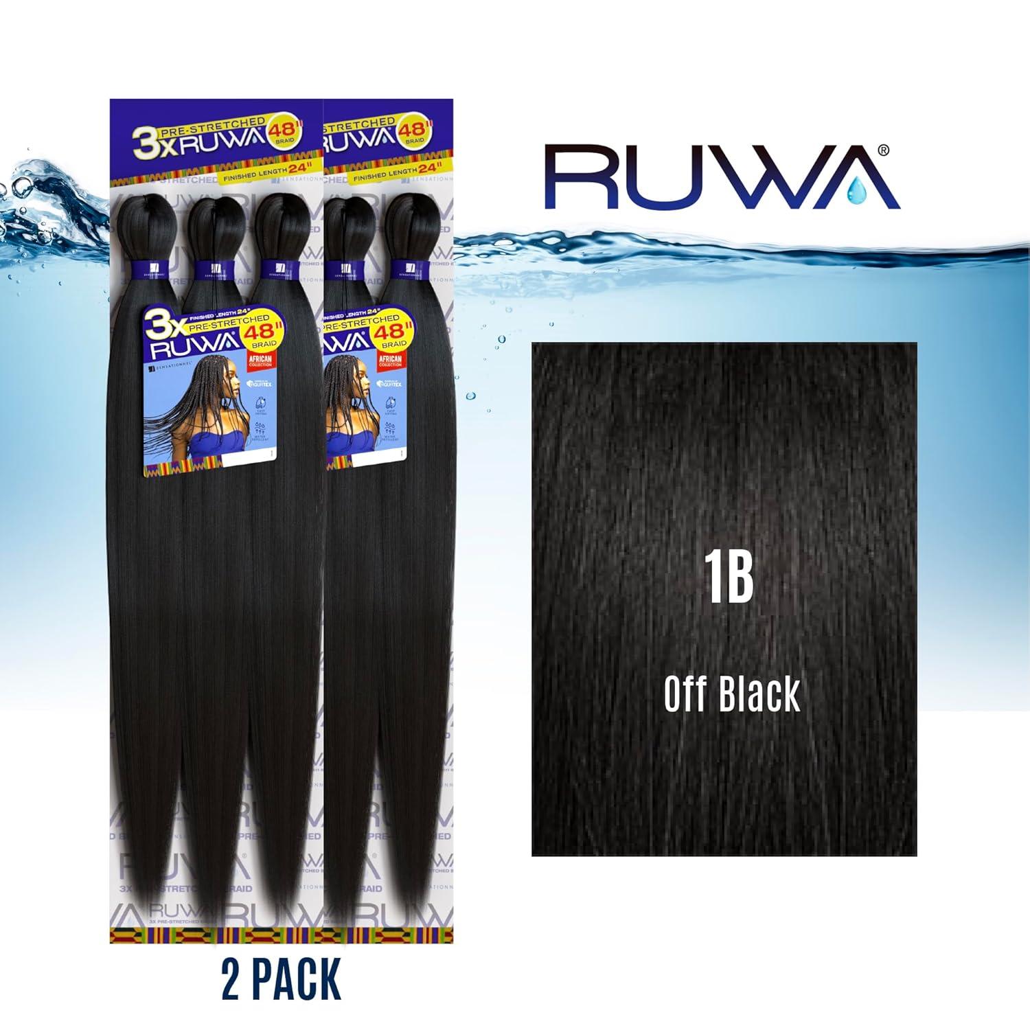 imageSensationnel Ruwa prestretched braiding hair 3x 48 inch water repellent kanekalon fast dry synthetic sports itch free 3 pack 1 JETBLACK1B OFFBLACK