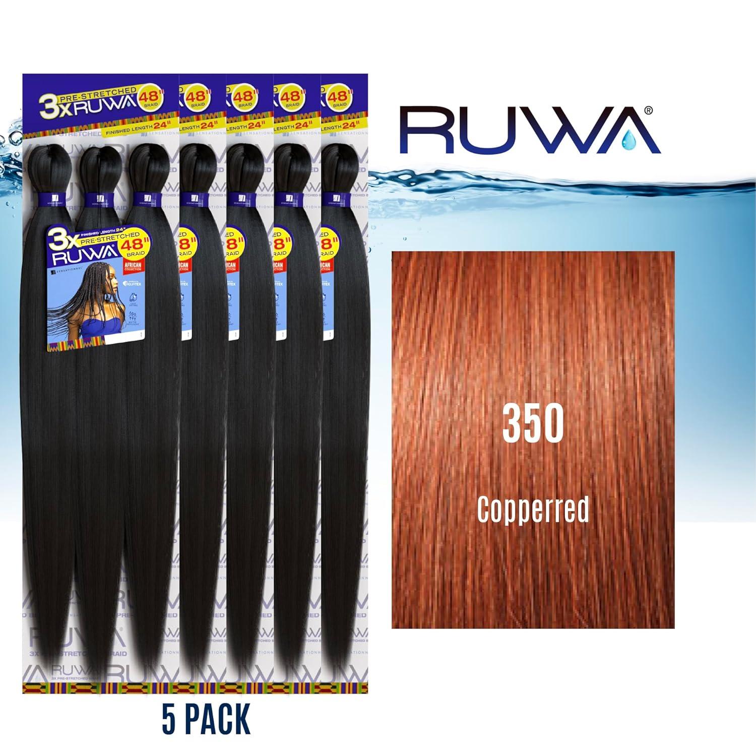 imageSensationnel Ruwa prestretched braiding hair 3x 48 inch water repellent kanekalon fast dry synthetic sports itch free 3 pack 1 JETBLACK350 COPPERRED