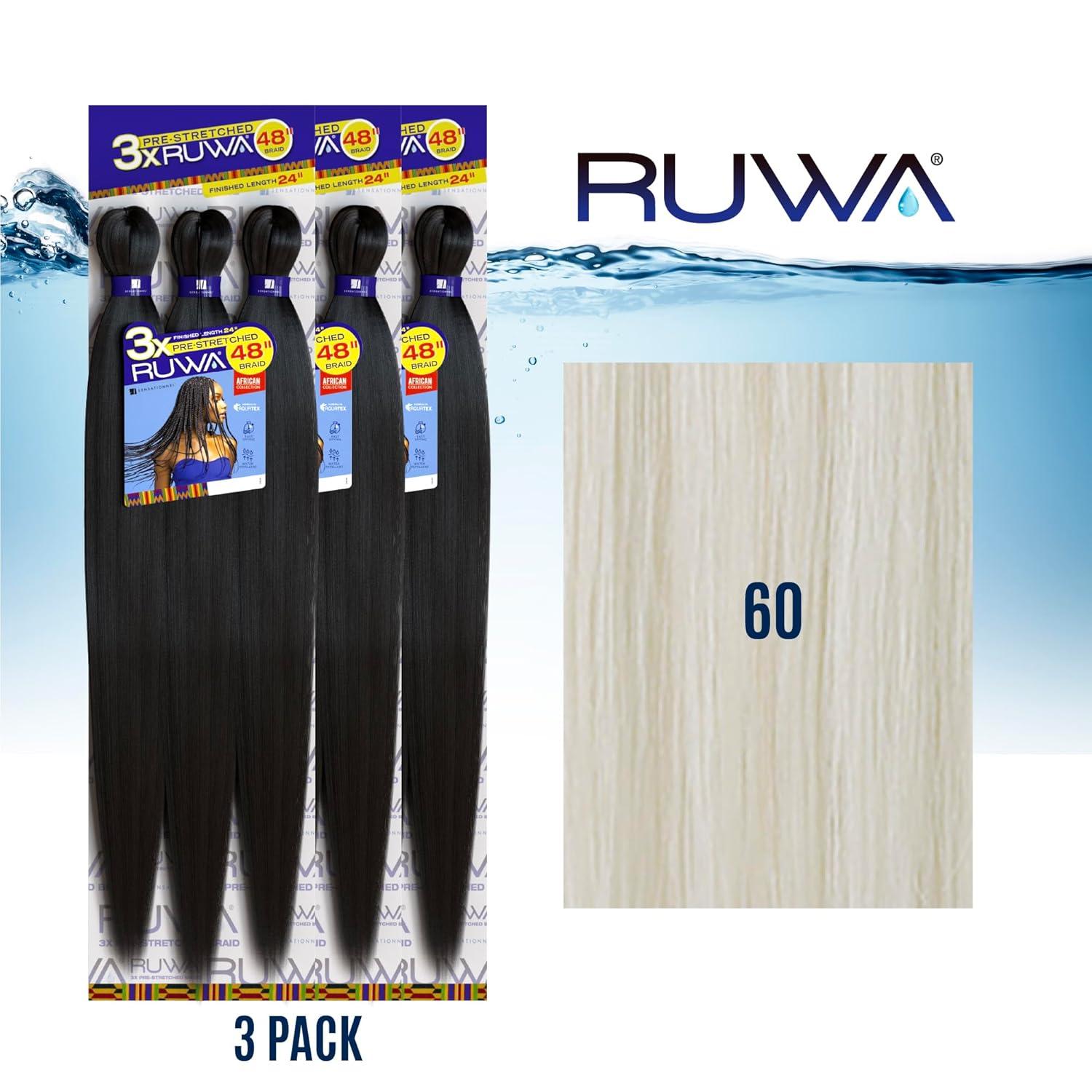 imageSensationnel Ruwa prestretched braiding hair 3x 48 inch water repellent kanekalon fast dry synthetic sports itch free 3 pack 1 JETBLACK60