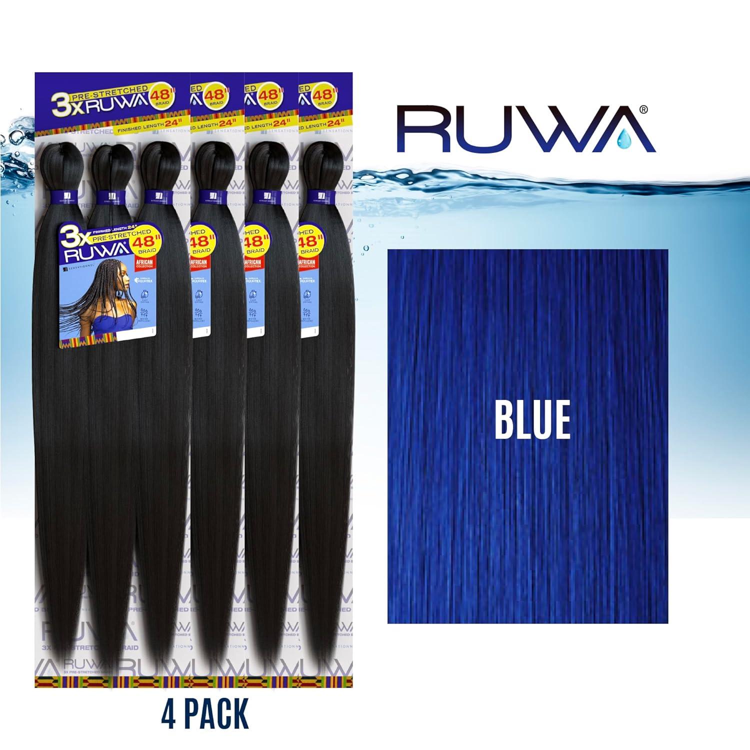 imageSensationnel Ruwa prestretched braiding hair 3x 48 inch water repellent kanekalon fast dry synthetic sports itch free 3 pack 1 JETBLACKBLUE