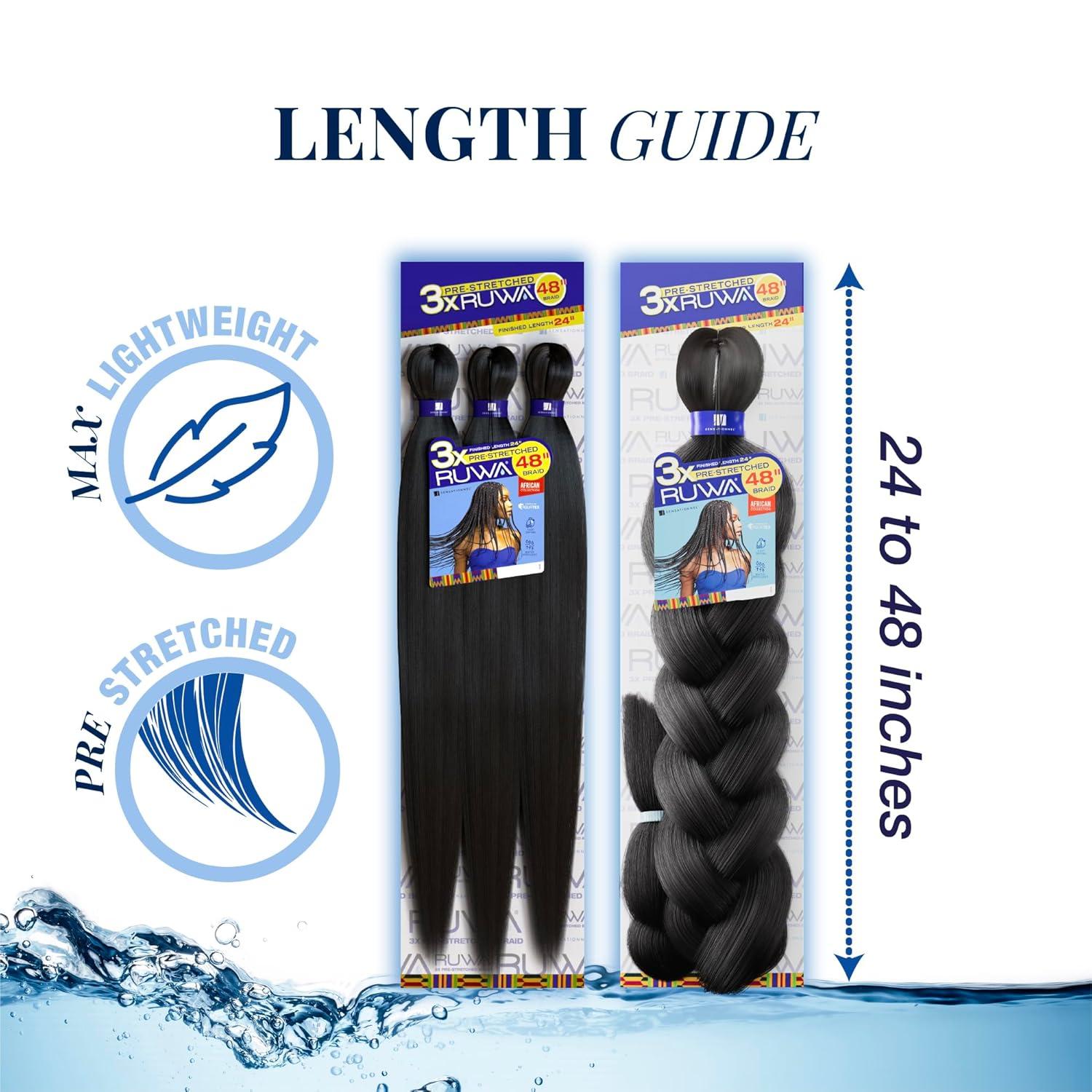 imageSensationnel Ruwa prestretched braiding hair 3x 48 inch water repellent kanekalon fast dry synthetic sports itch free 3 pack 1 JETBLACKBLUE