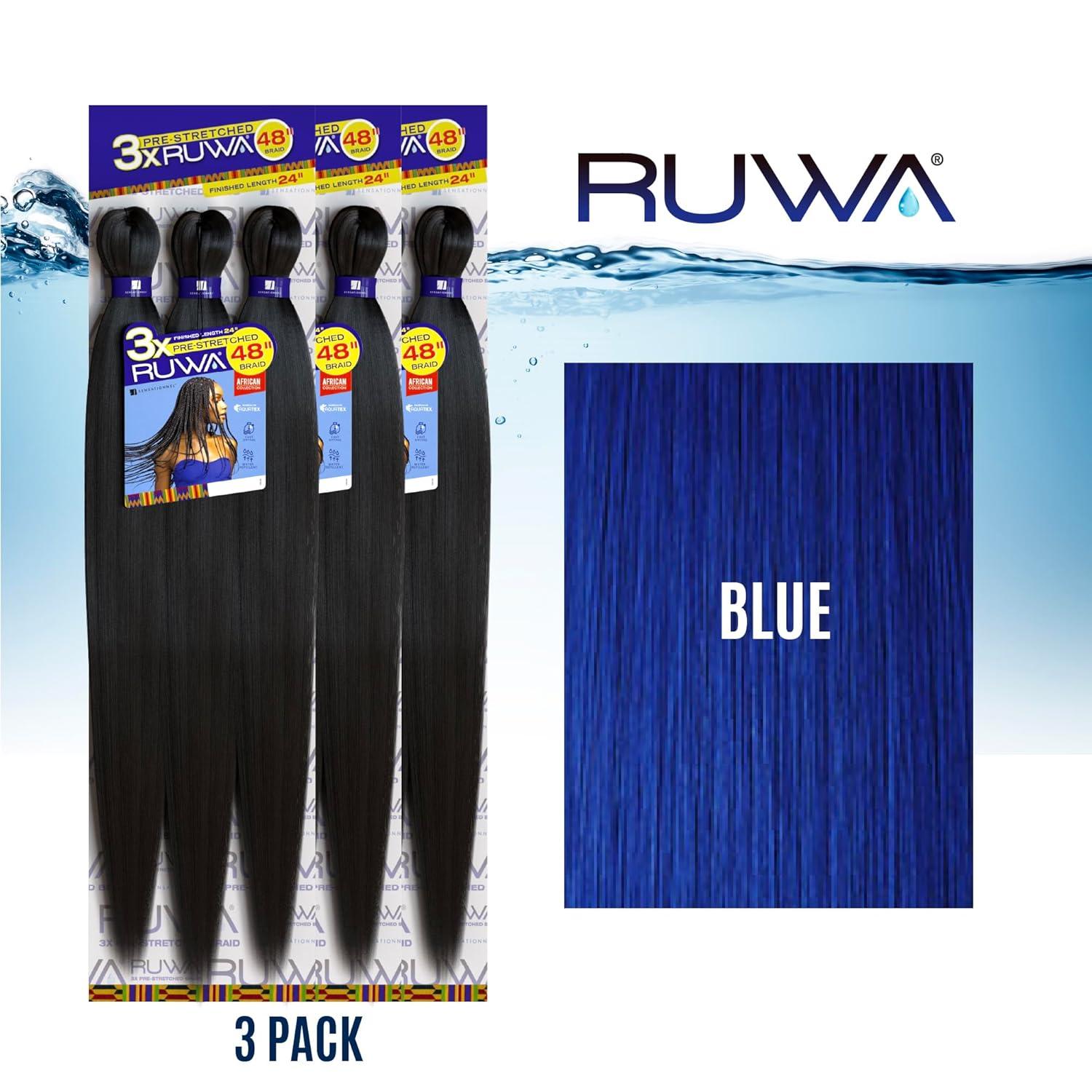 imageSensationnel Ruwa prestretched braiding hair 3x 48 inch water repellent kanekalon fast dry synthetic sports itch free 3 pack 1 JETBLACKBLUE