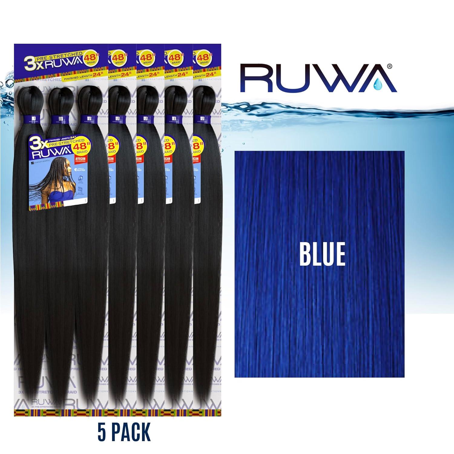 imageSensationnel Ruwa prestretched braiding hair 3x 48 inch water repellent kanekalon fast dry synthetic sports itch free 3 pack 1 JETBLACKBLUE