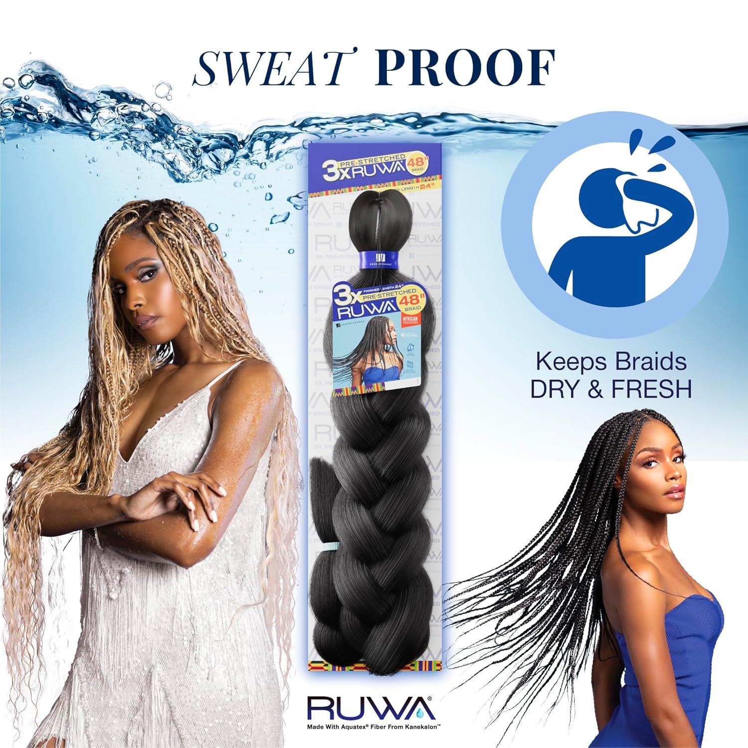 imageSensationnel Ruwa prestretched braiding hair 3x 48 inch water repellent kanekalon fast dry synthetic sports itch free 3 pack 1 JETBLACKDKPURPLE