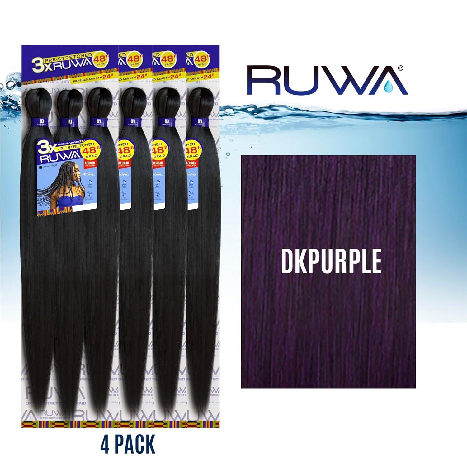 imageSensationnel Ruwa prestretched braiding hair 3x 48 inch water repellent kanekalon fast dry synthetic sports itch free 3 pack 1 JETBLACKDKPURPLE